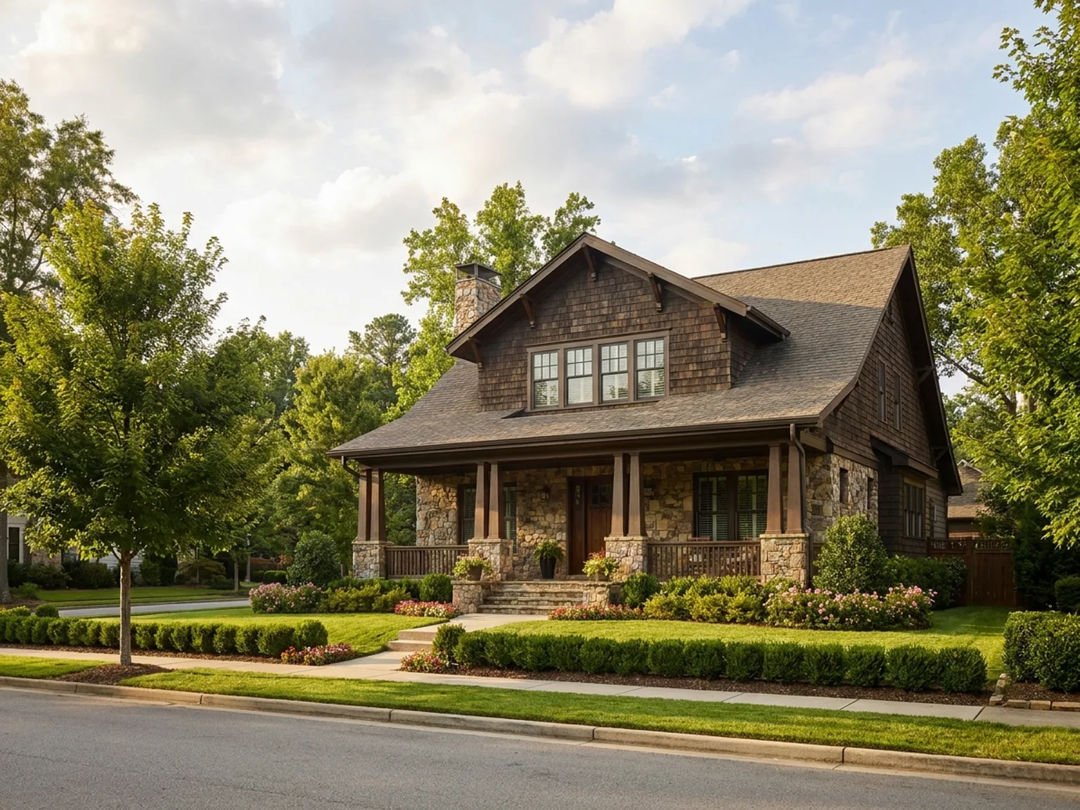 Craftsman-style suburban home with a covered front porch in a Lee's Summit, MO neighborhood
