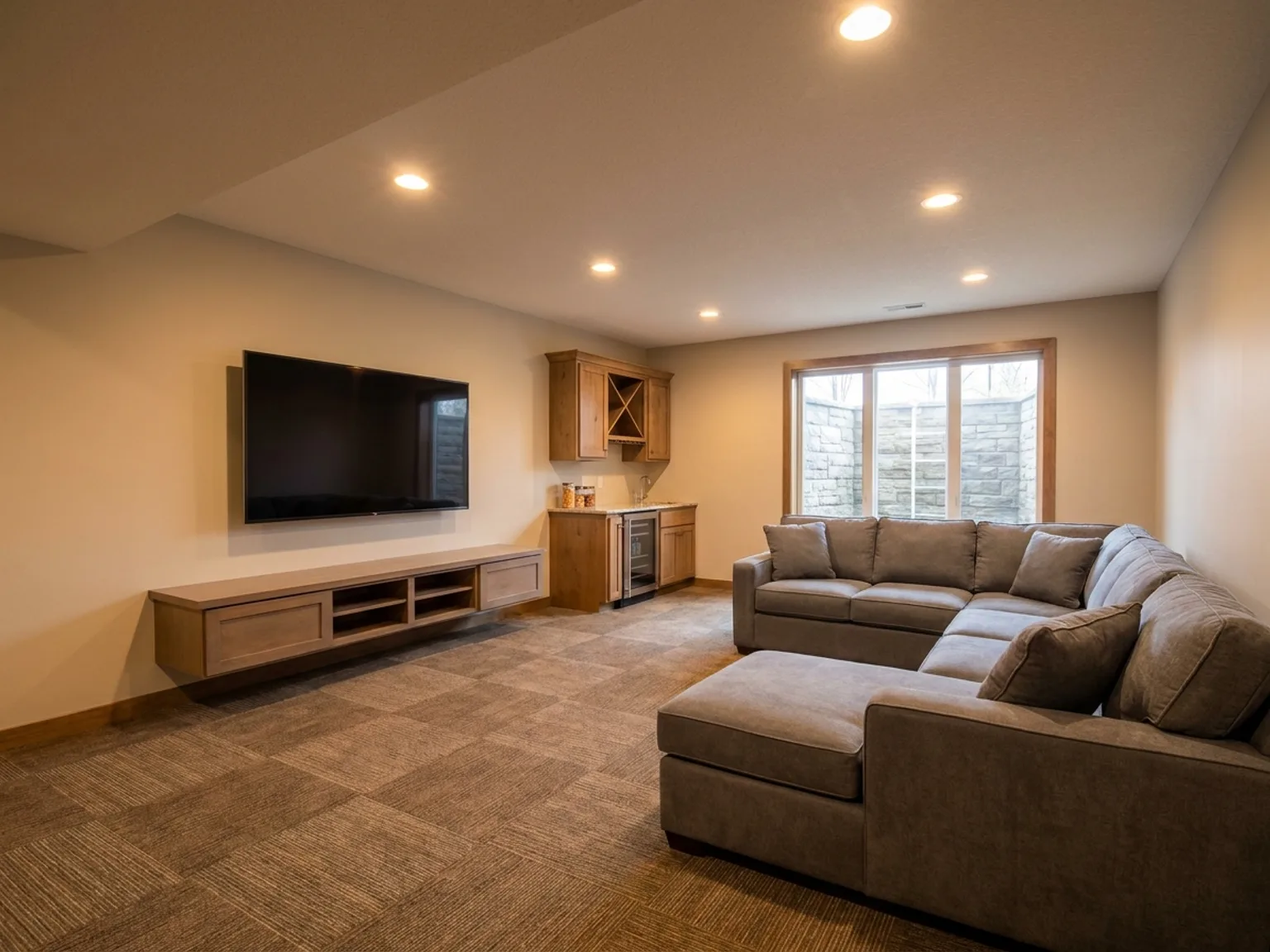Finished basement media and rec room in an Olathe area home