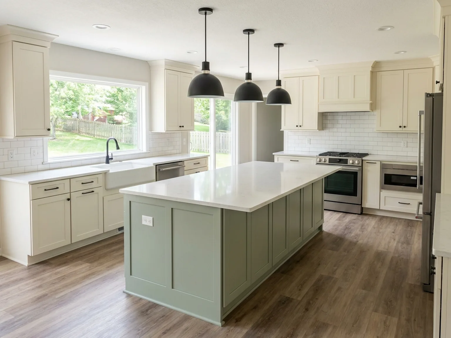Remodeled kitchen with a large island and pendant lighting in an Olathe area home
