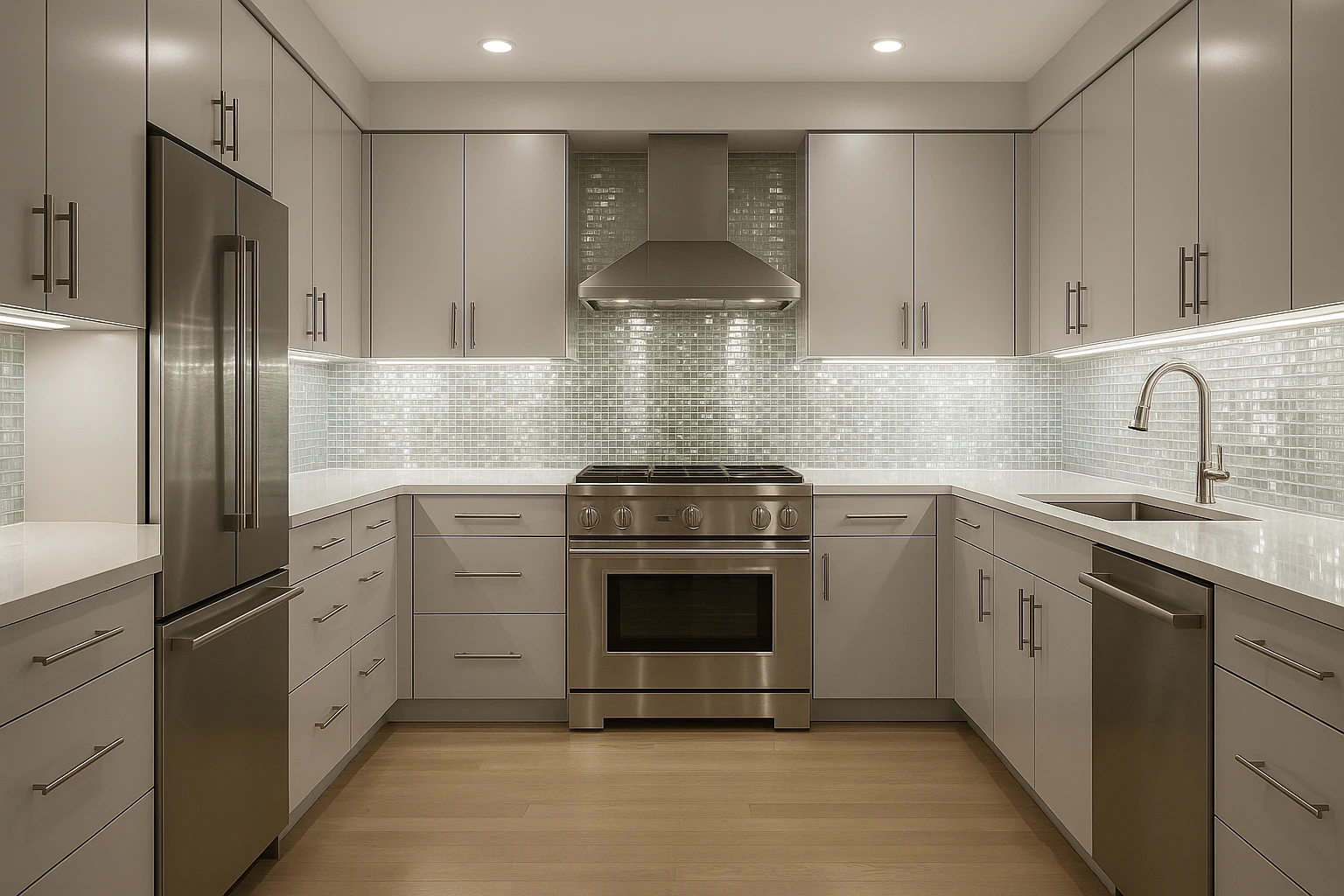 Glass Tile Backsplash Installation Reflecting Kitchen Lighting