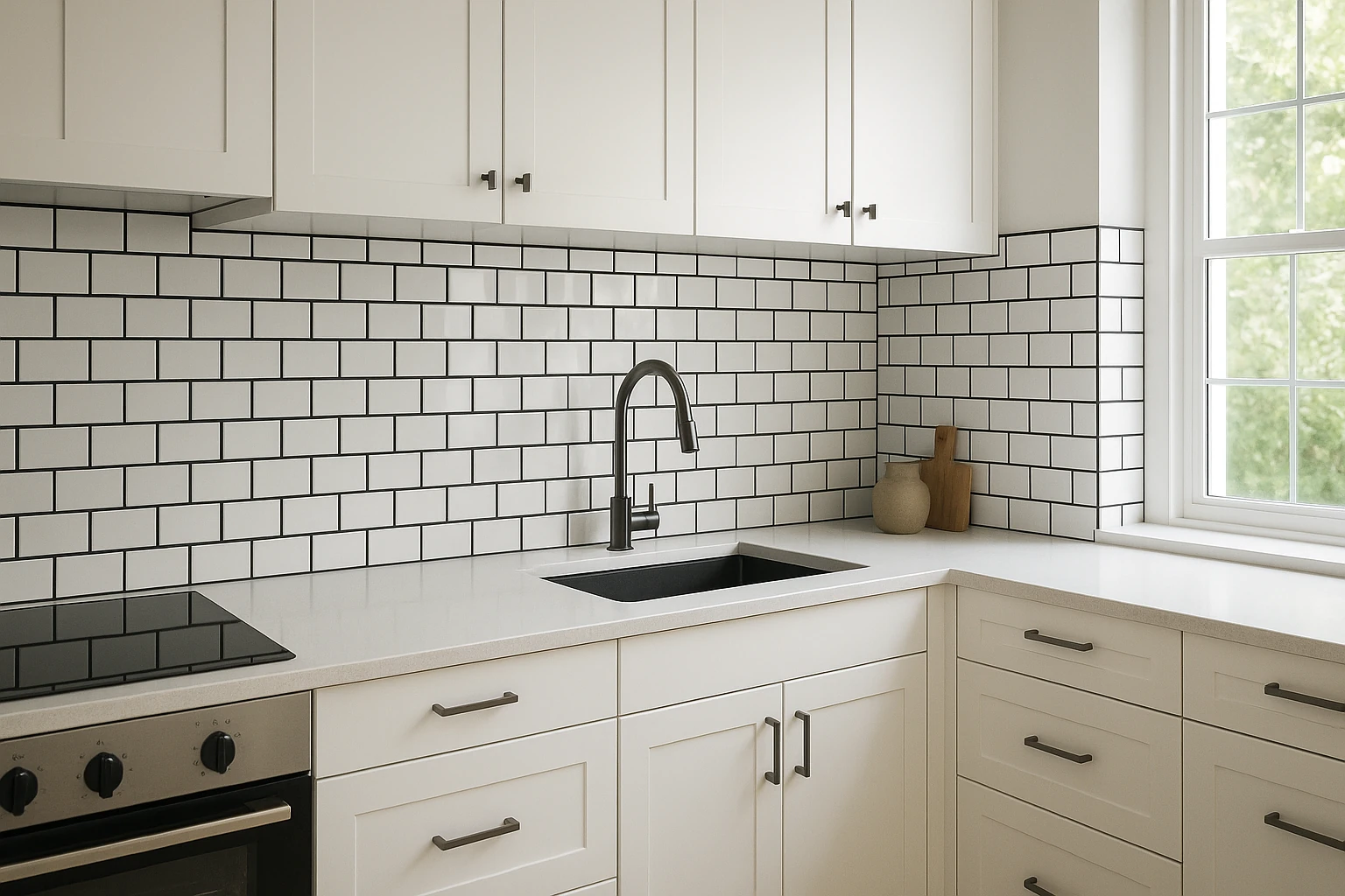 Kitchen backsplash showing different grout color options and patterns