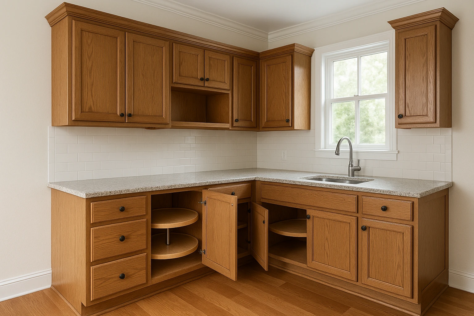 Corner Cabinet Installation with Lazy Susan and Crown Molding