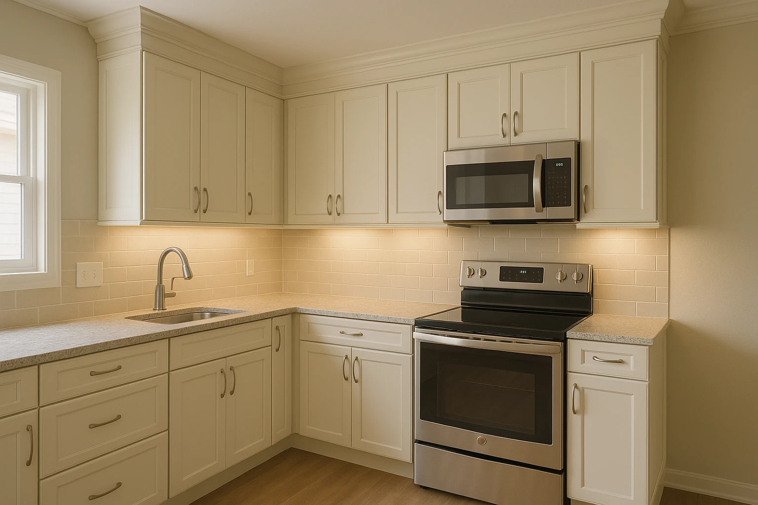 Corner cabinet detail showing crown molding and perfect finish match after refacing