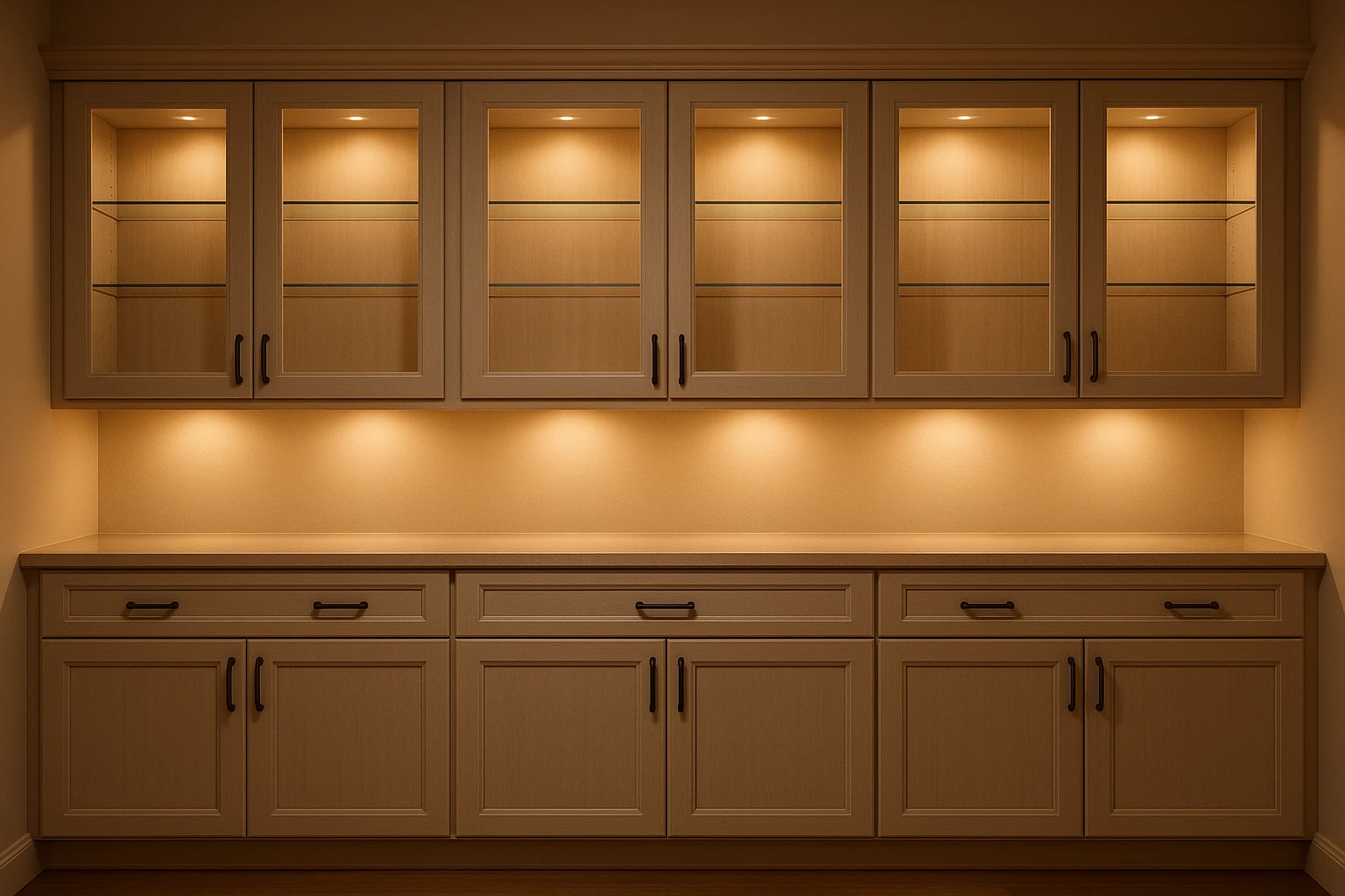 Refaced kitchen cabinets with glass door inserts and interior lighting