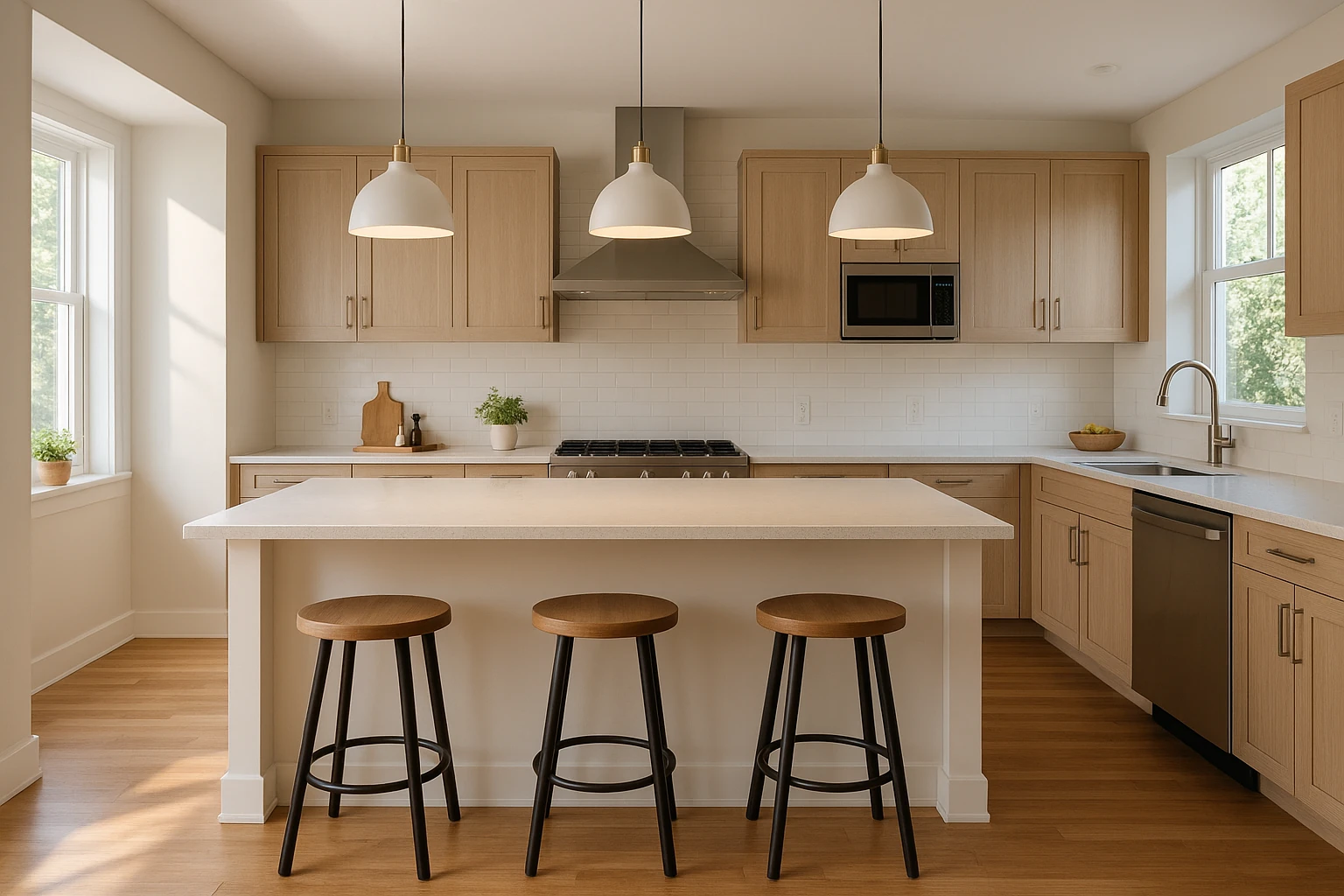 Kitchen Island with Breakfast Bar Seating and Pendant Lighting