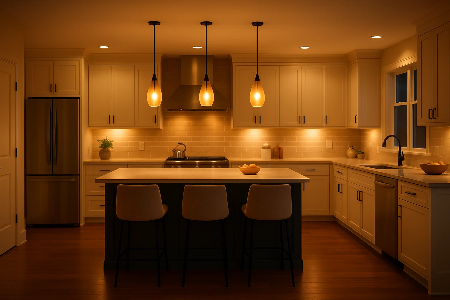 Kitchen Island with Custom Pendant Lighting and Bar Seating