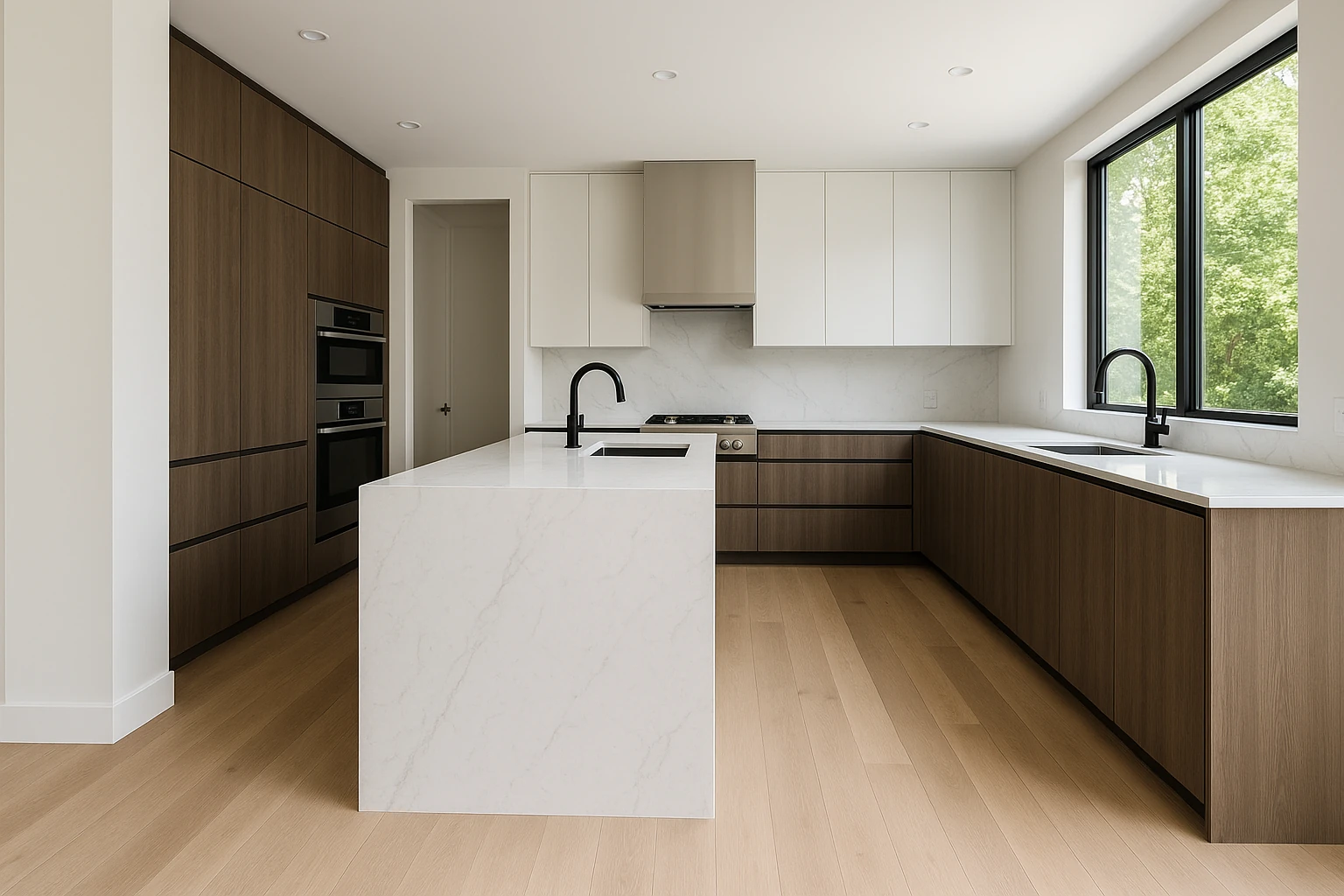 Modern Kitchen Island with Waterfall Edge Quartz Countertop