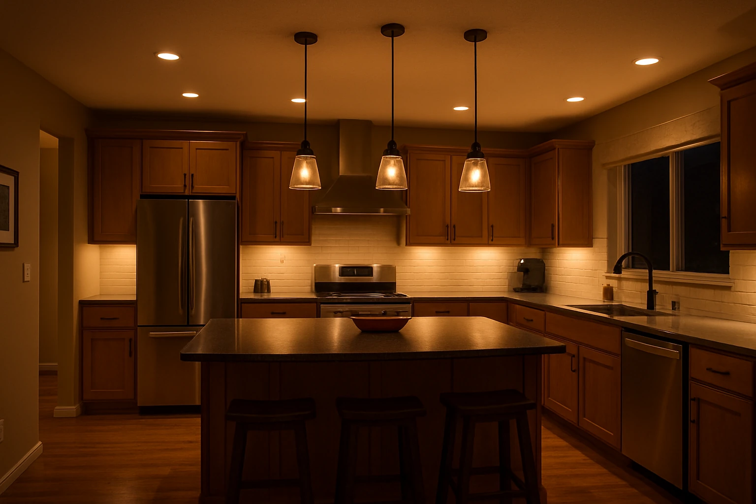 Kitchen Evening Ambiance with Layered Lighting Design