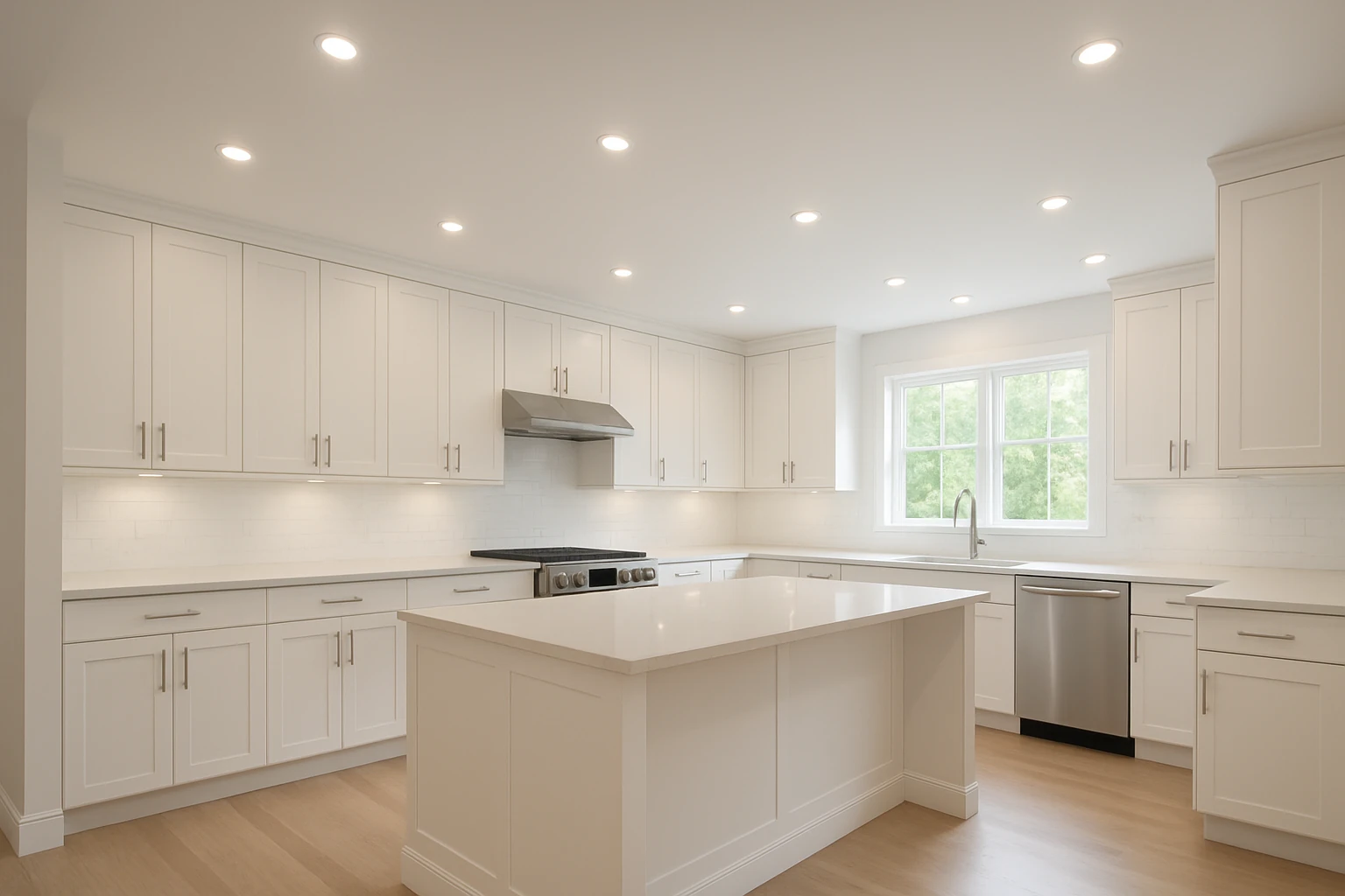Kitchen with Recessed LED Lighting Layout Throughout Ceiling