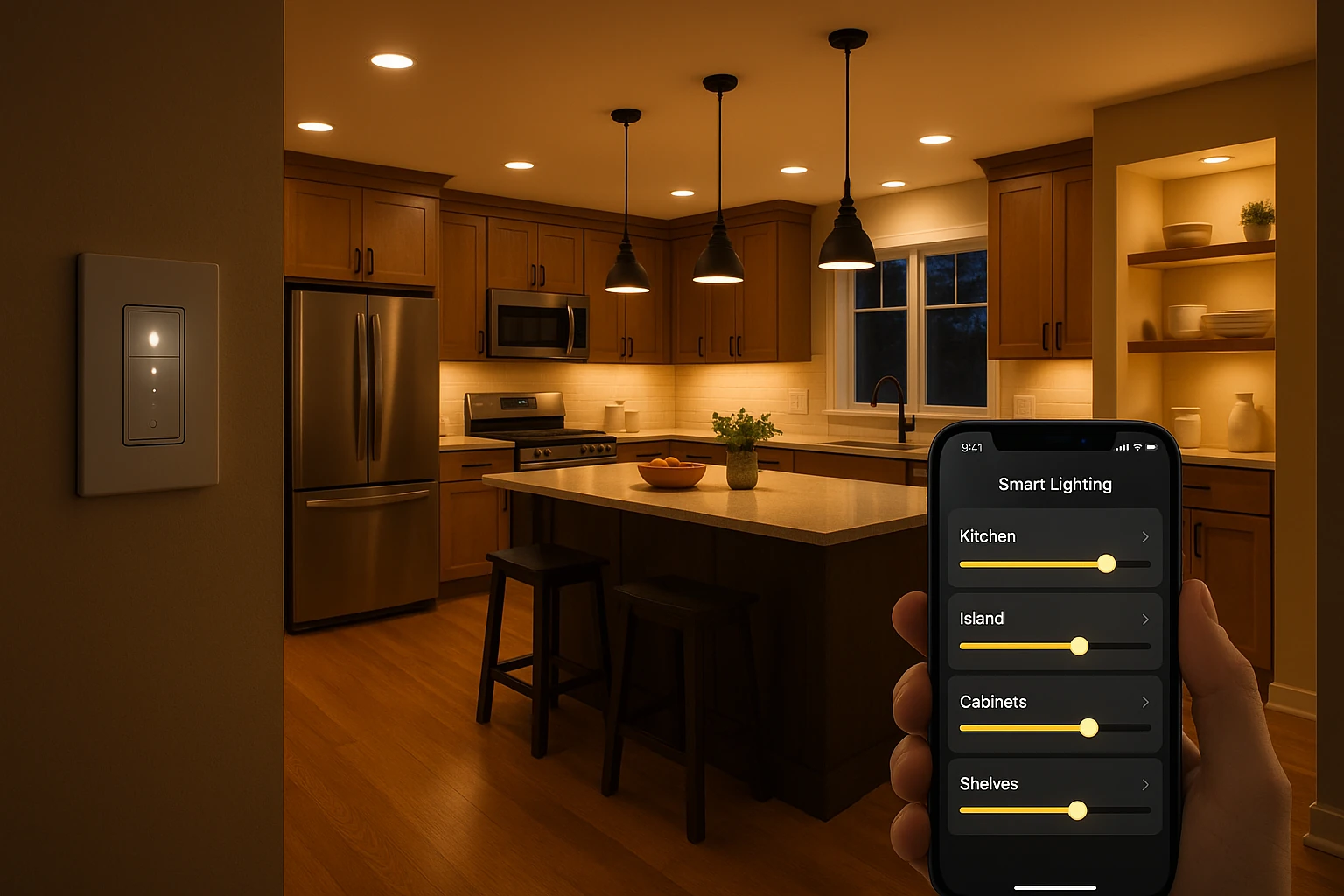 Kitchen with Smart Lighting Controls and Dimmer Switches