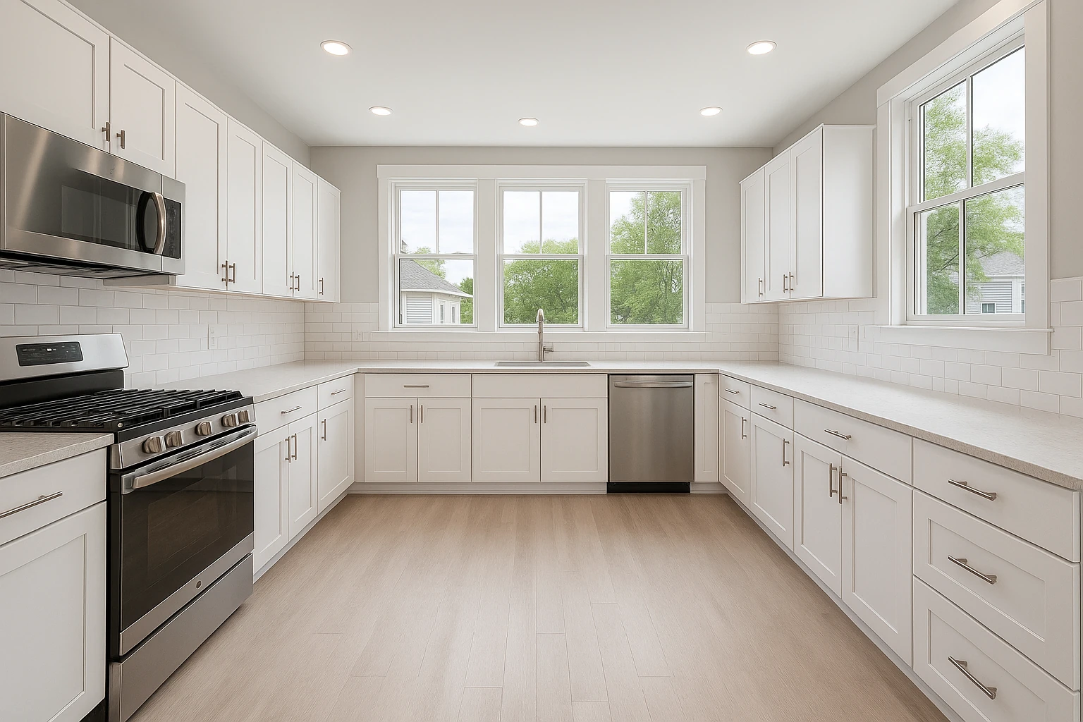 Modern white kitchen remodel with quartz countertops