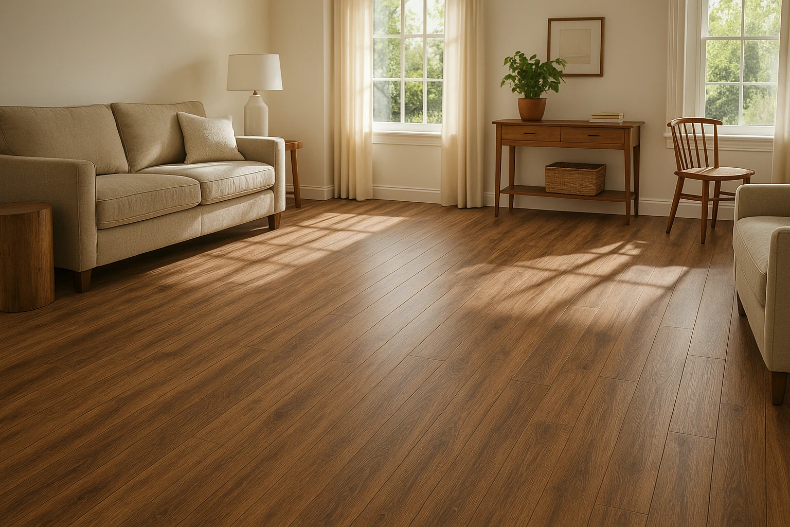 Wood-look laminate flooring with realistic hardwood appearance