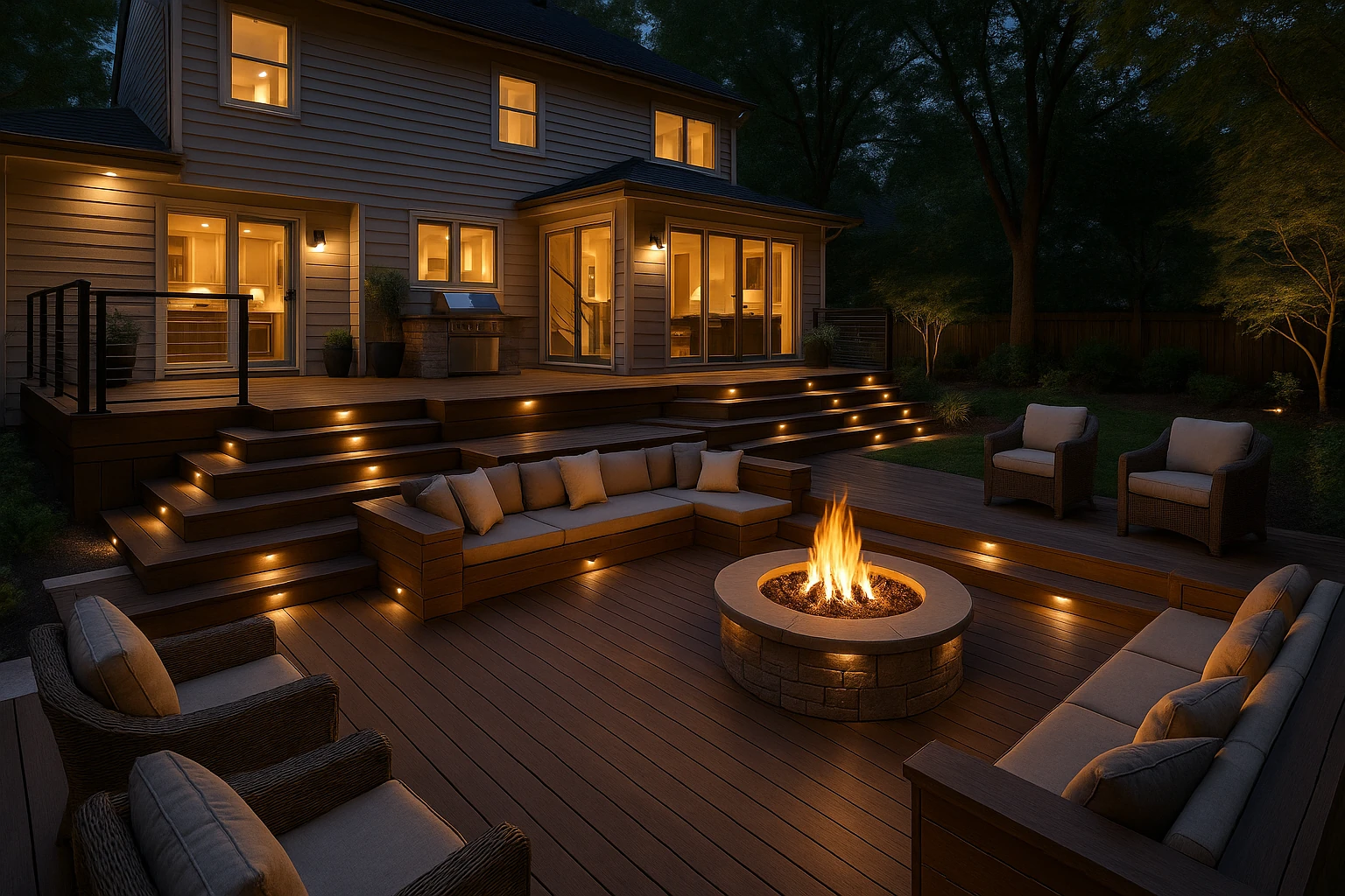 Multi-Level Deck with Built-in Fire Pit and Seating