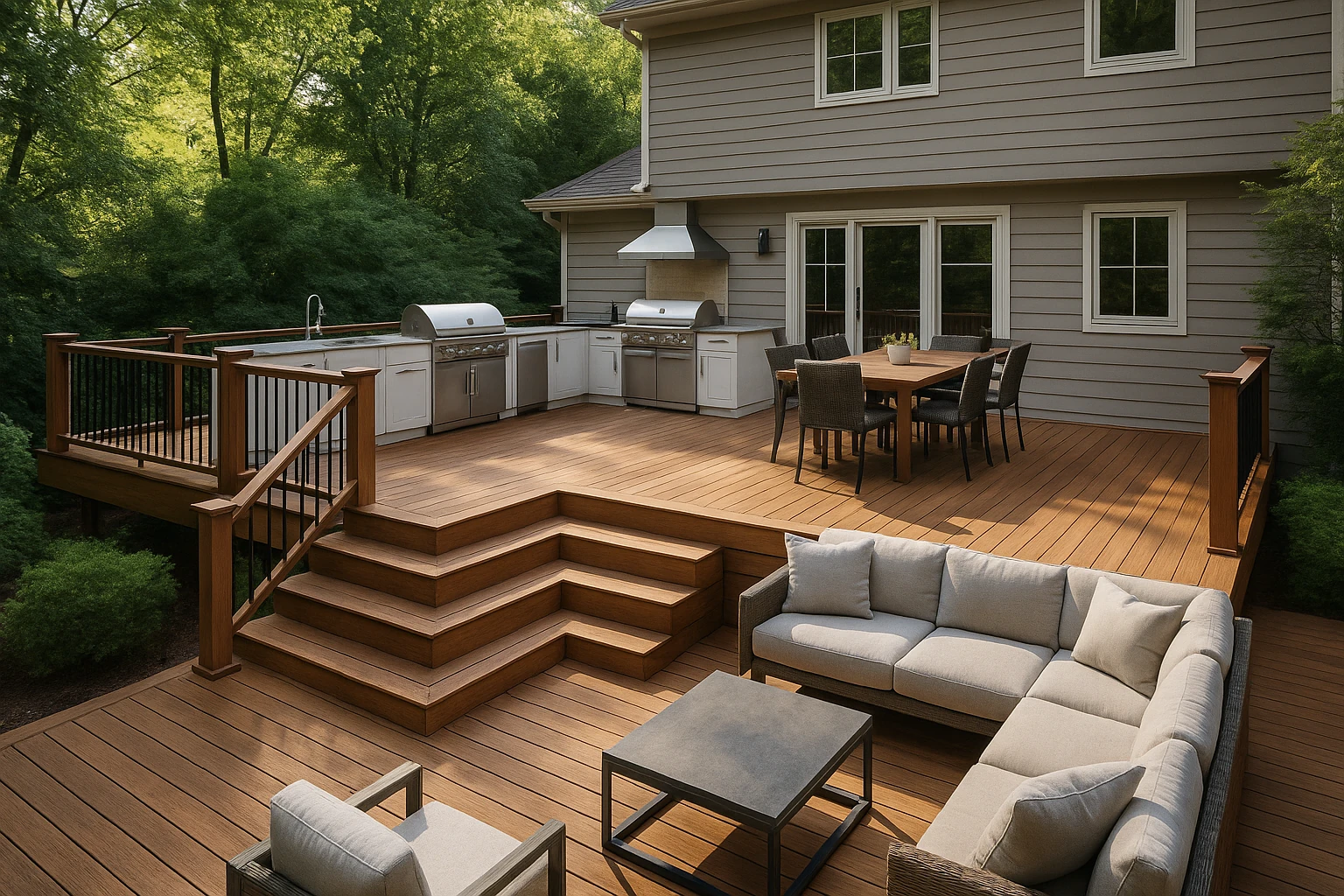 Multi-Level Deck with Integrated Outdoor Kitchen