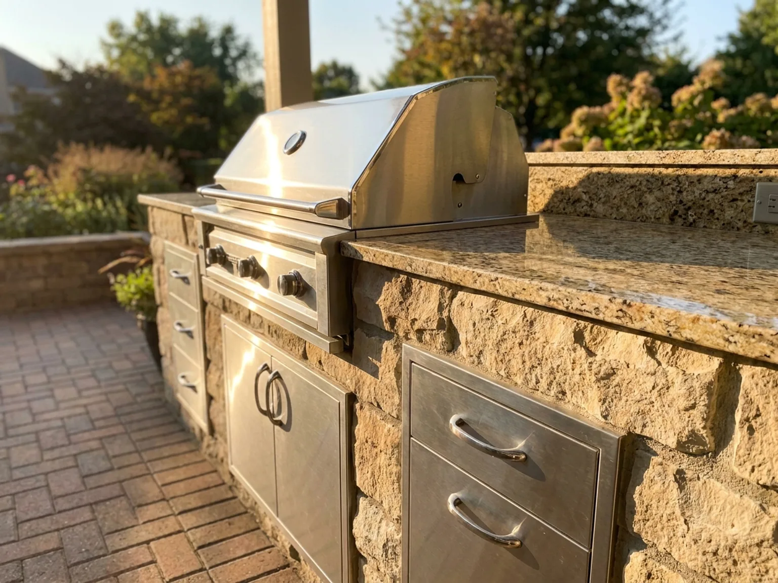 Detail of a built-in stainless grill, granite counter, and storage doors in a Kansas City outdoor kitchen