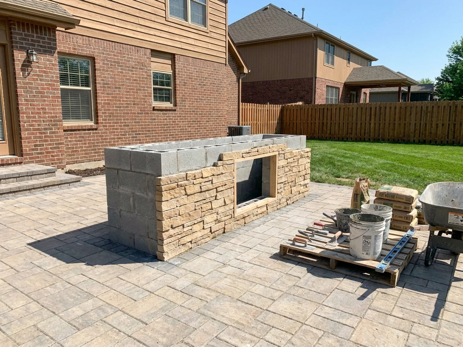 Outdoor kitchen island under construction with concrete block core on a Kansas City patio