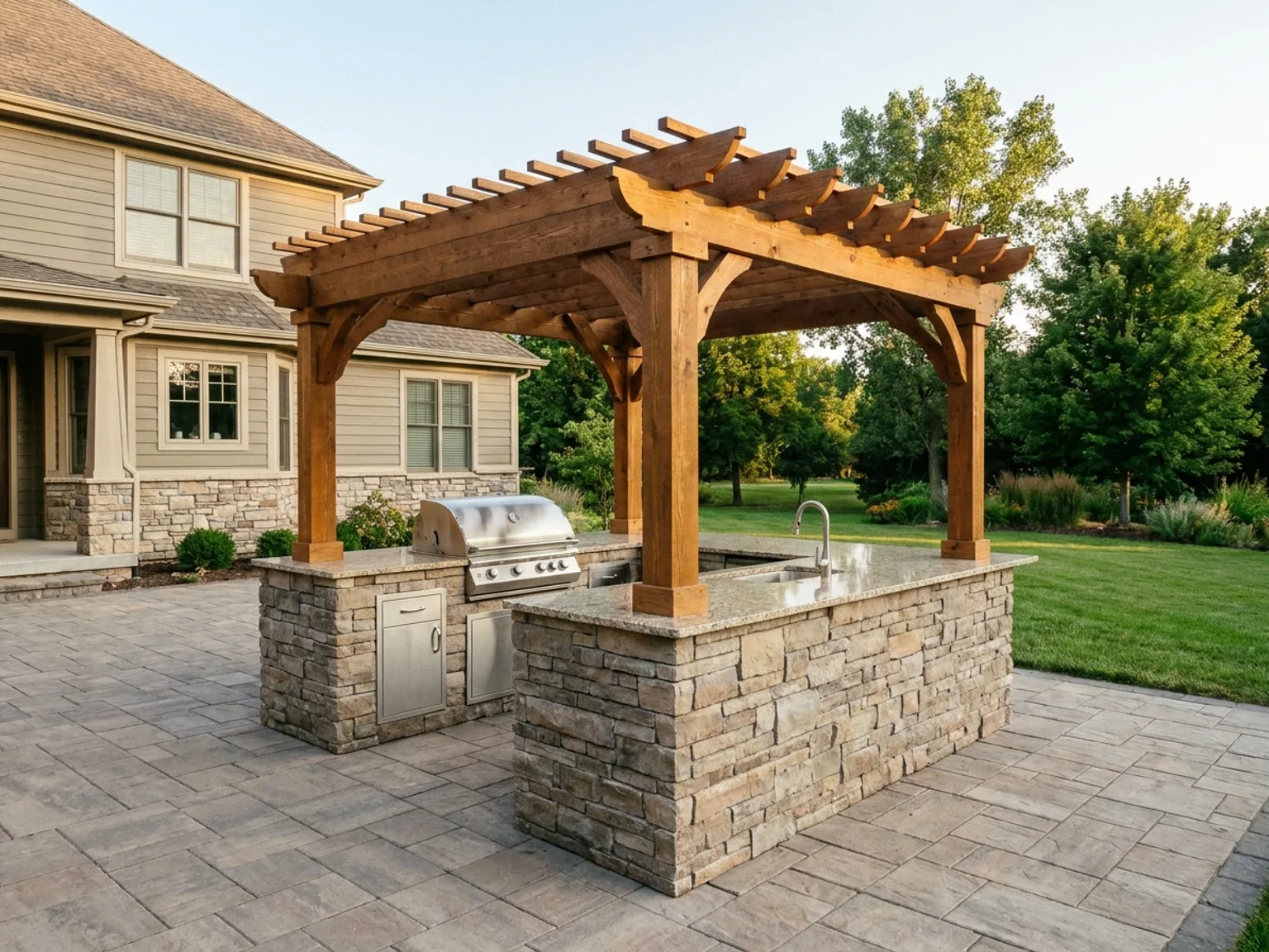 Outdoor kitchen with a stone veneer grill island and granite counter behind a Kansas City home