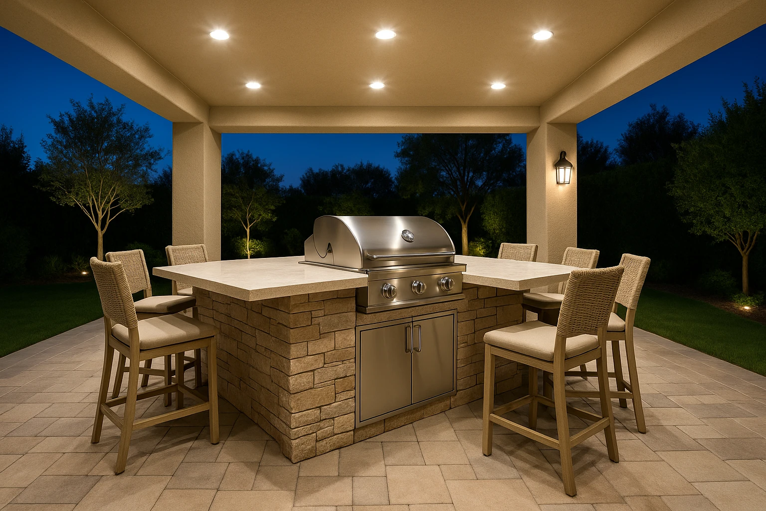 Outdoor kitchen island design with central cooking area and seating