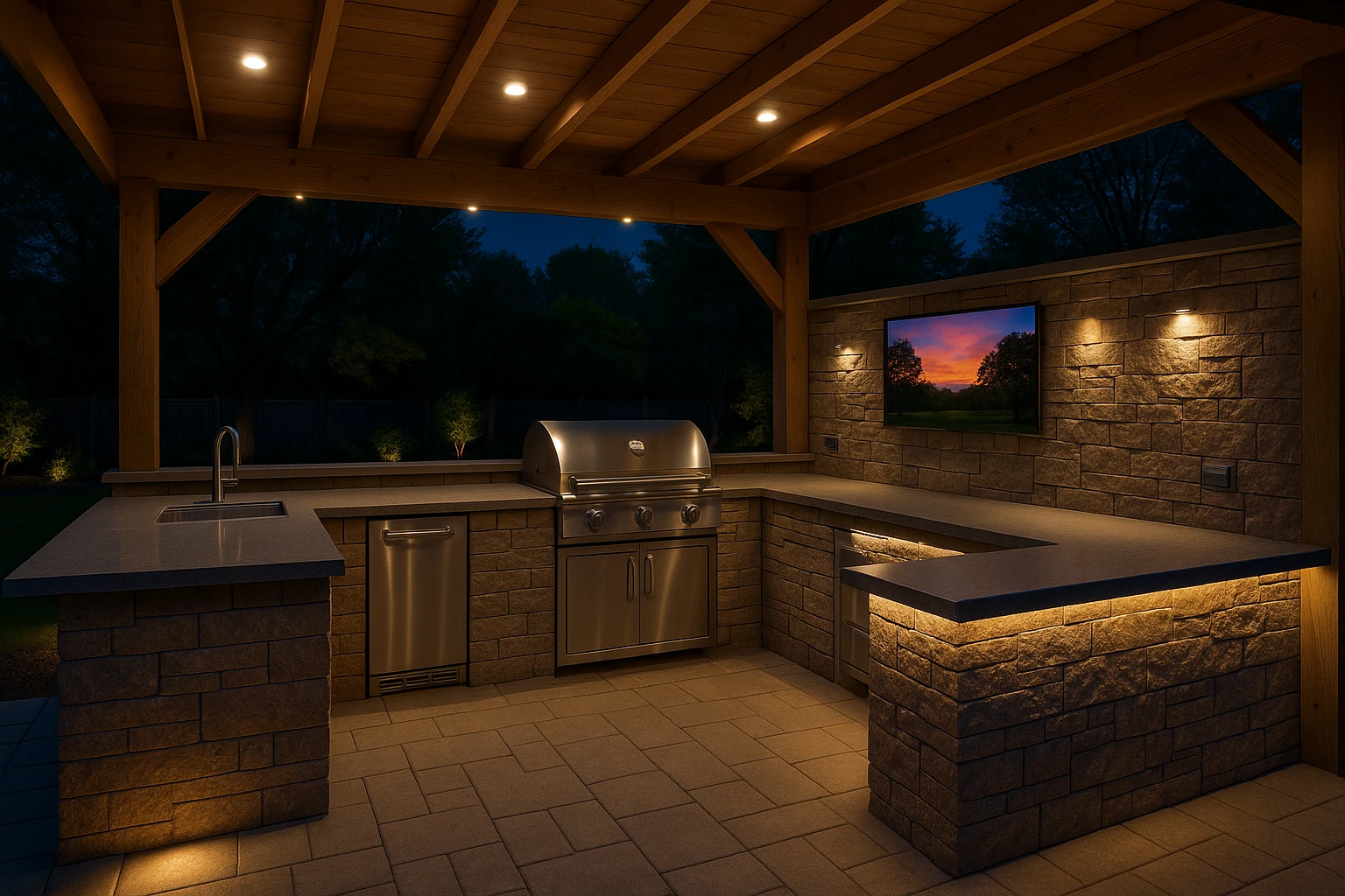 Outdoor Kitchen with Integrated Lighting System
