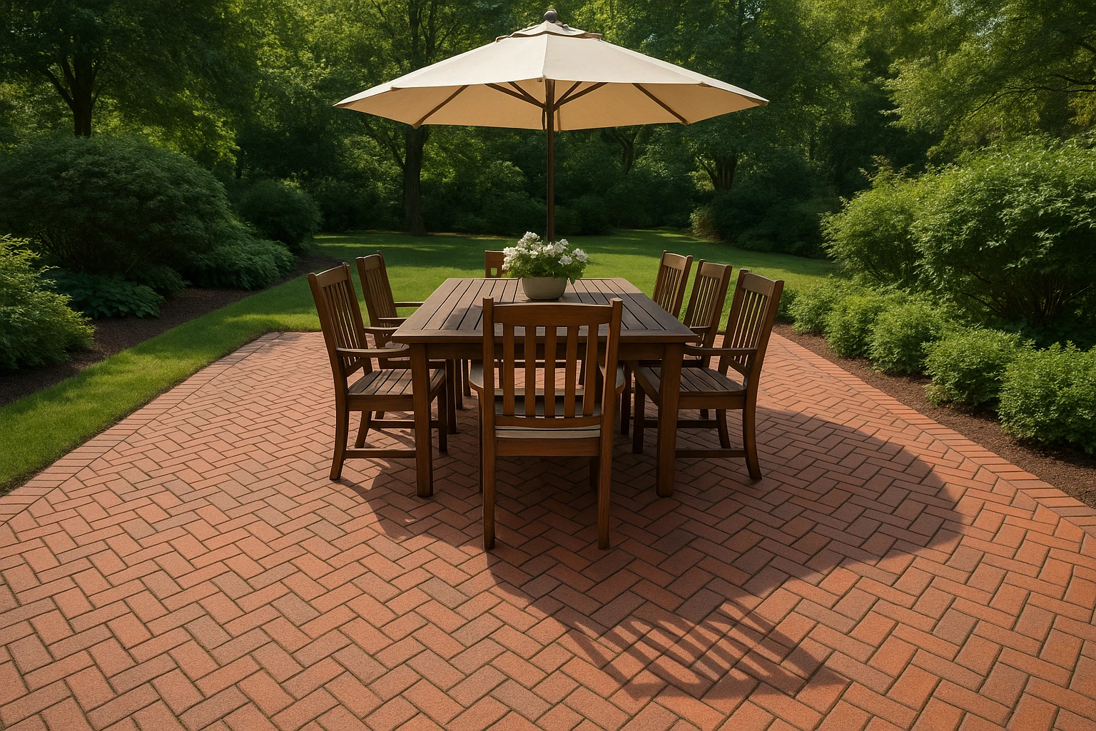 Brick paver patio with herringbone pattern and traditional design