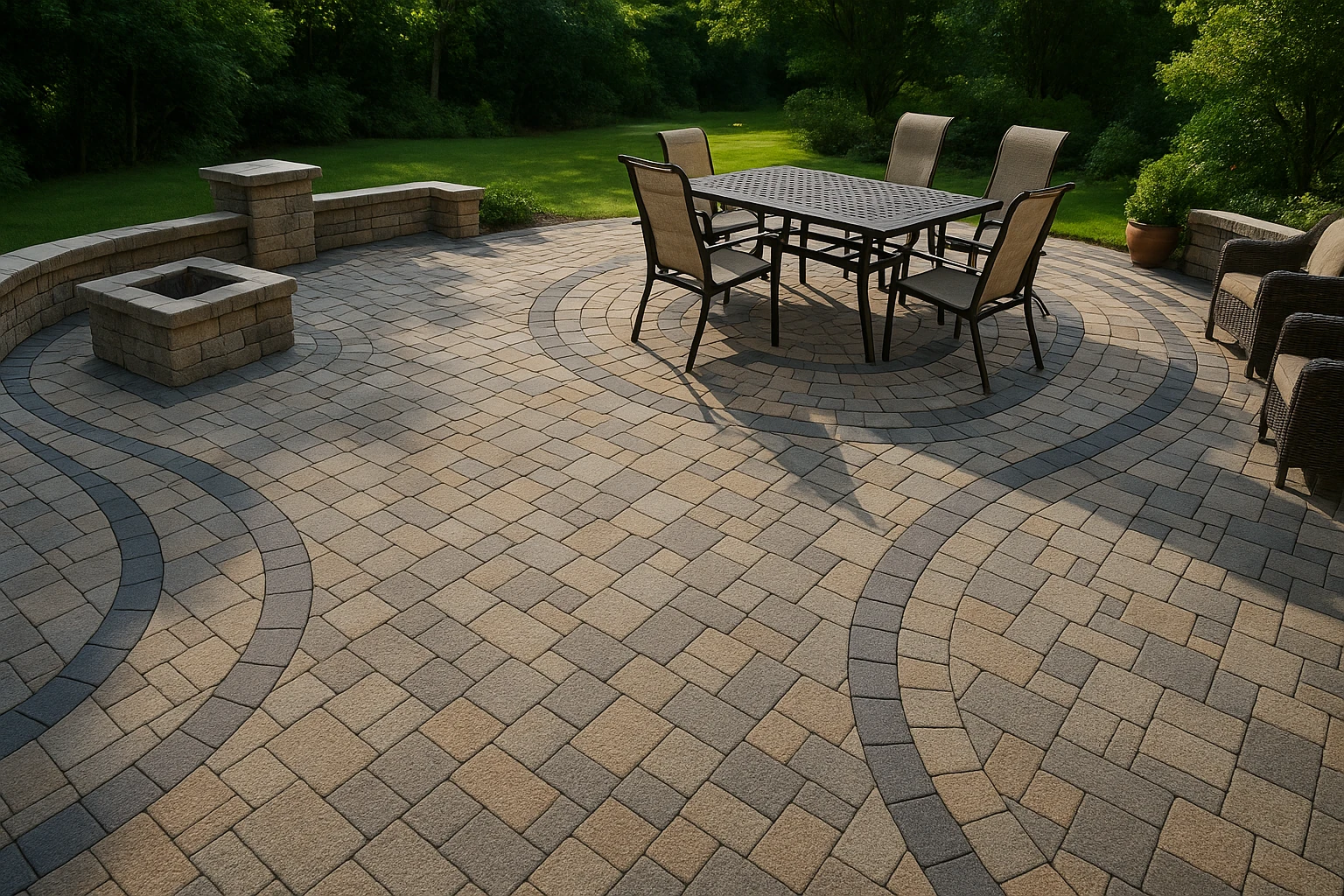 Paver Patio with Curved Borders and Artistic Layout