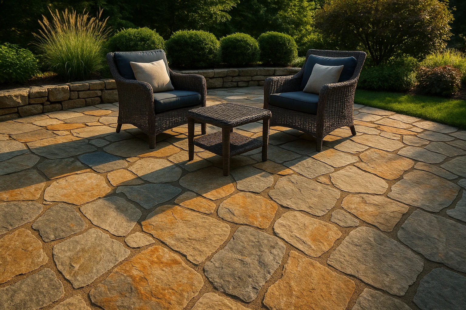 Natural stone paver patio with irregular flagstone pattern
