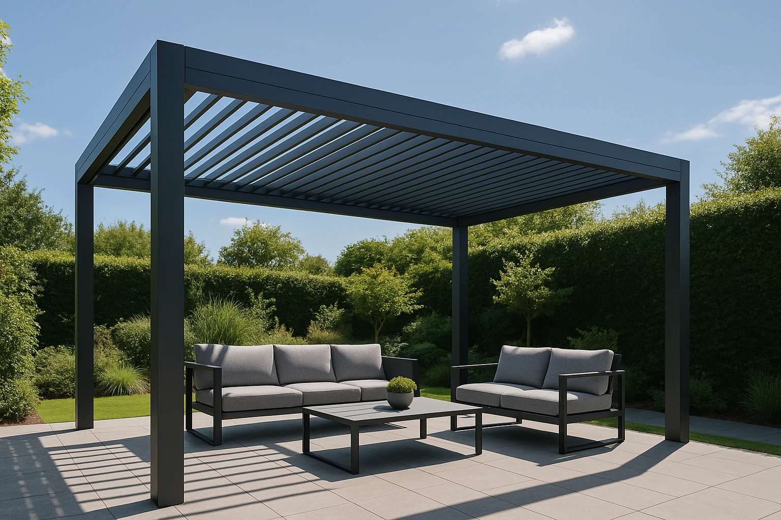 Modern pergola with clean lines and contemporary aluminum construction