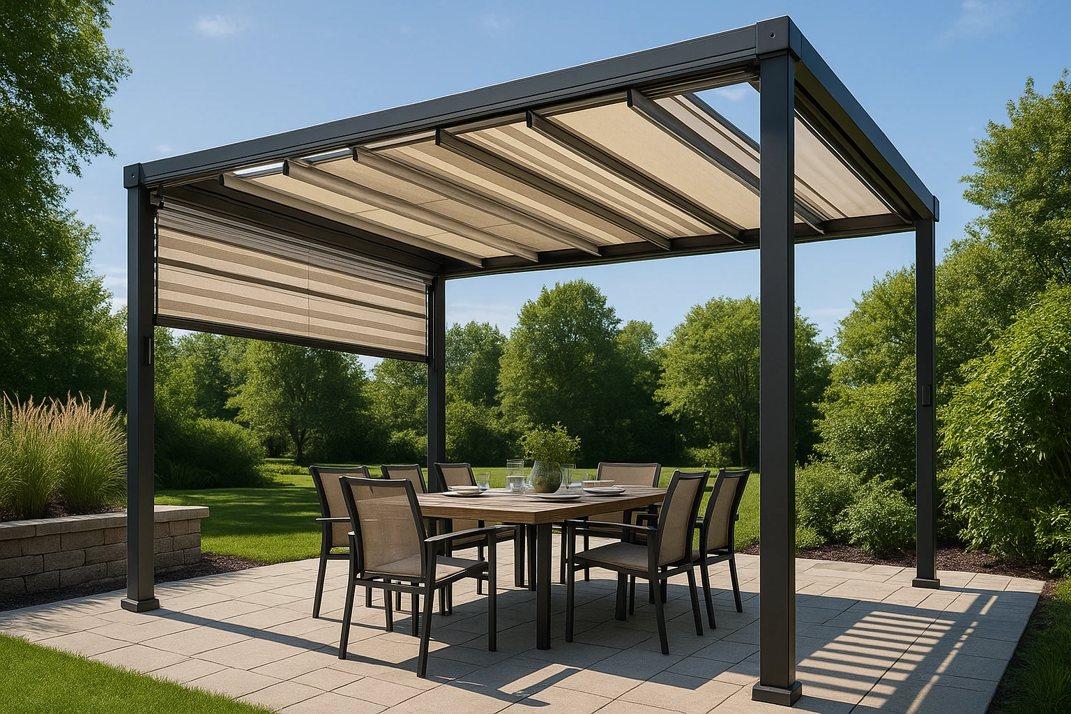 Pergola with retractable canopy system for variable shade control