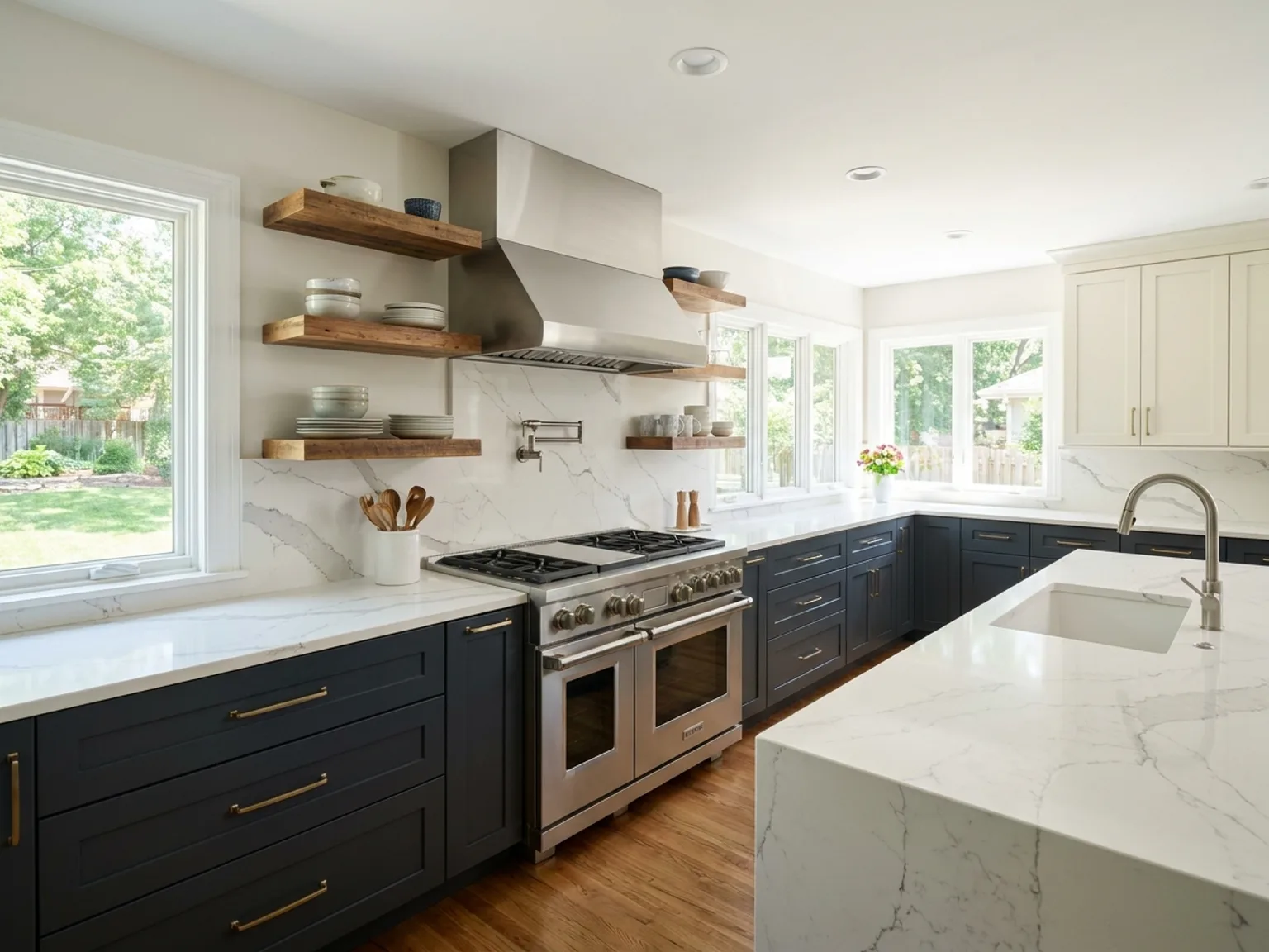Upscale remodeled kitchen with quartz counters and custom cabinetry in a Kansas City home