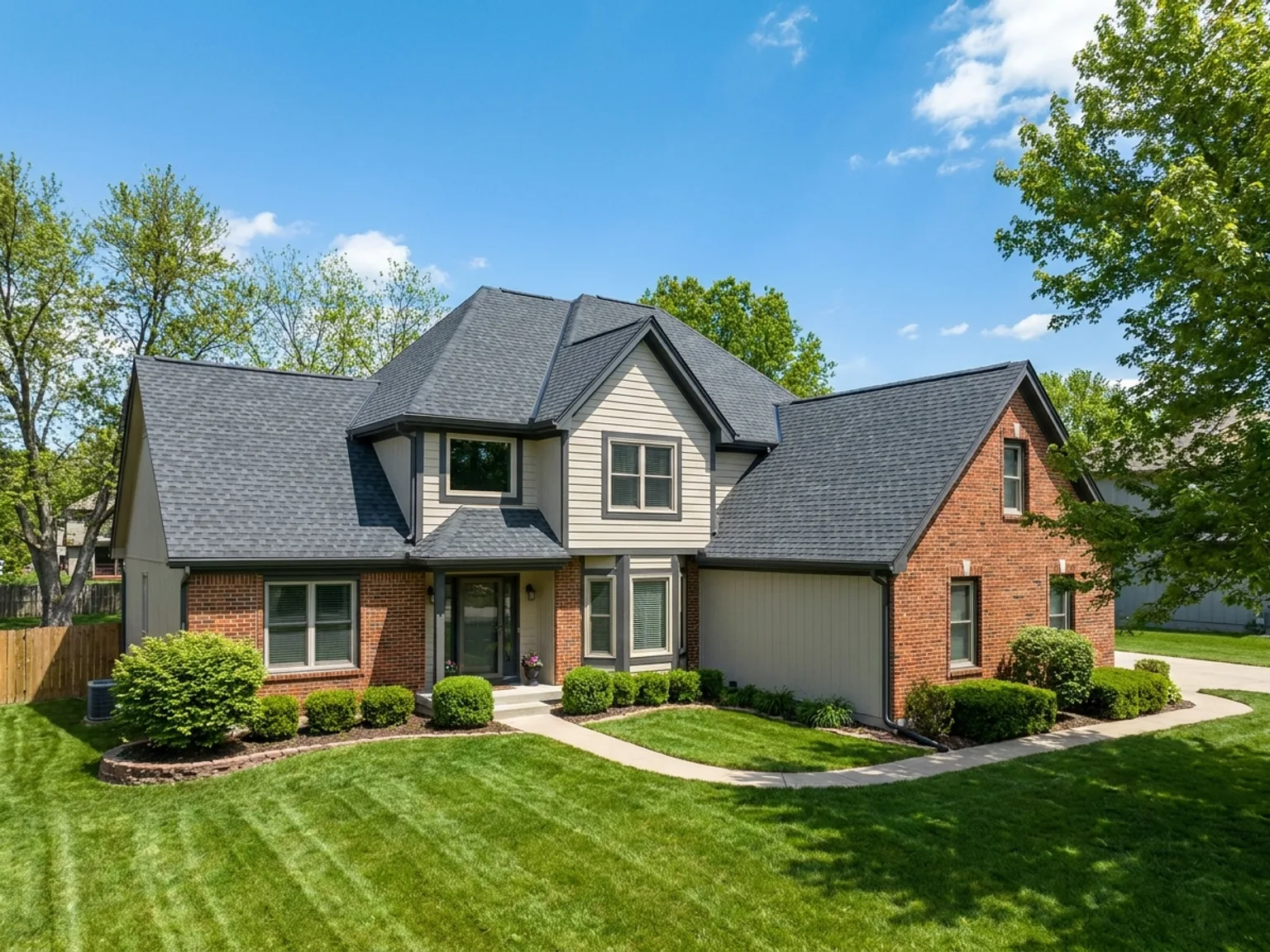 Newly replaced architectural asphalt shingle roof on a Kansas City suburban home