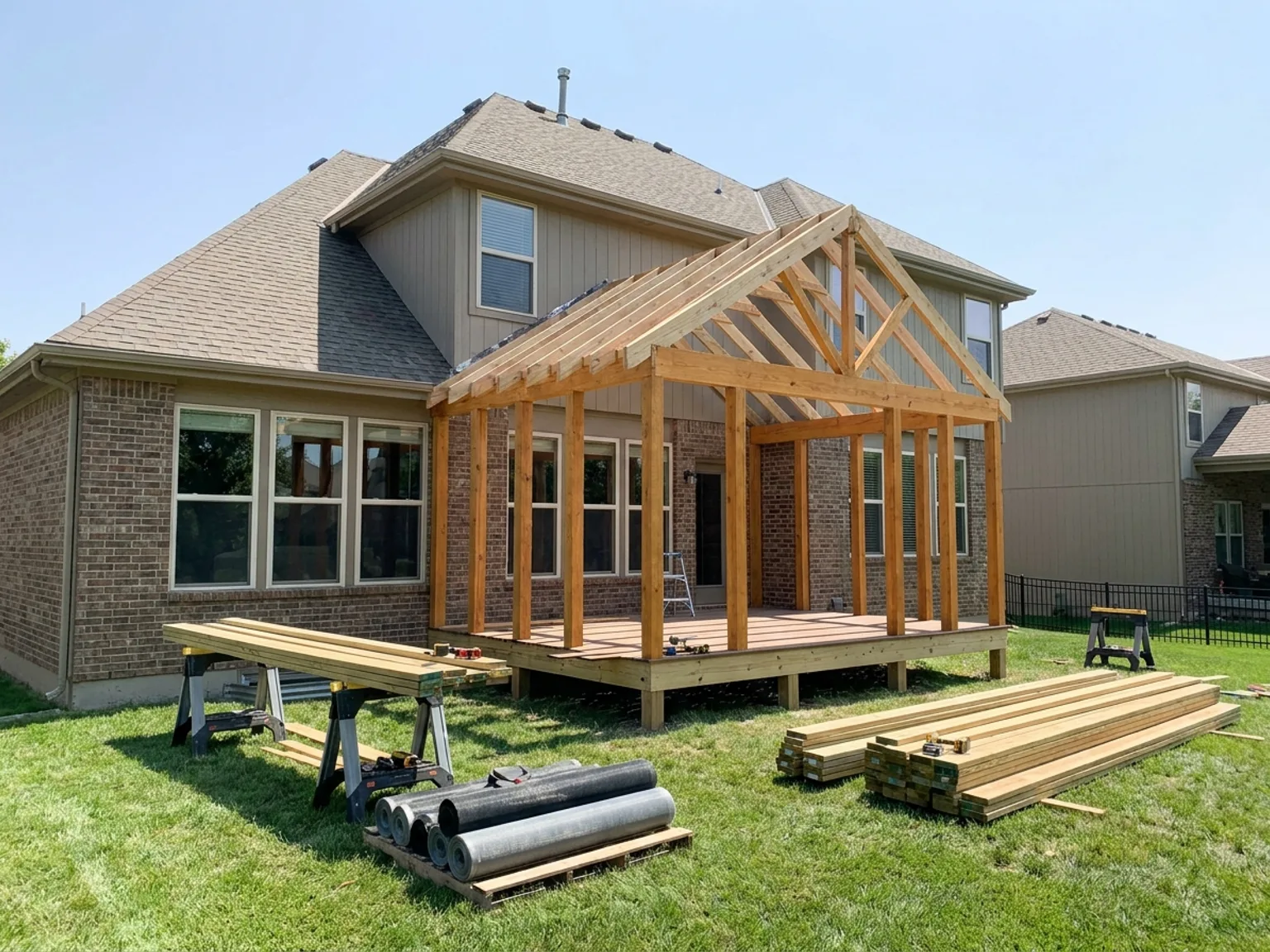 Screened porch under construction with new roof framing on the back of a Kansas City home