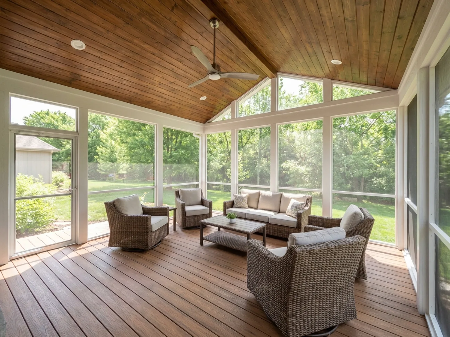 Bright screened-in porch with wicker seating and a ceiling fan on a Kansas City home