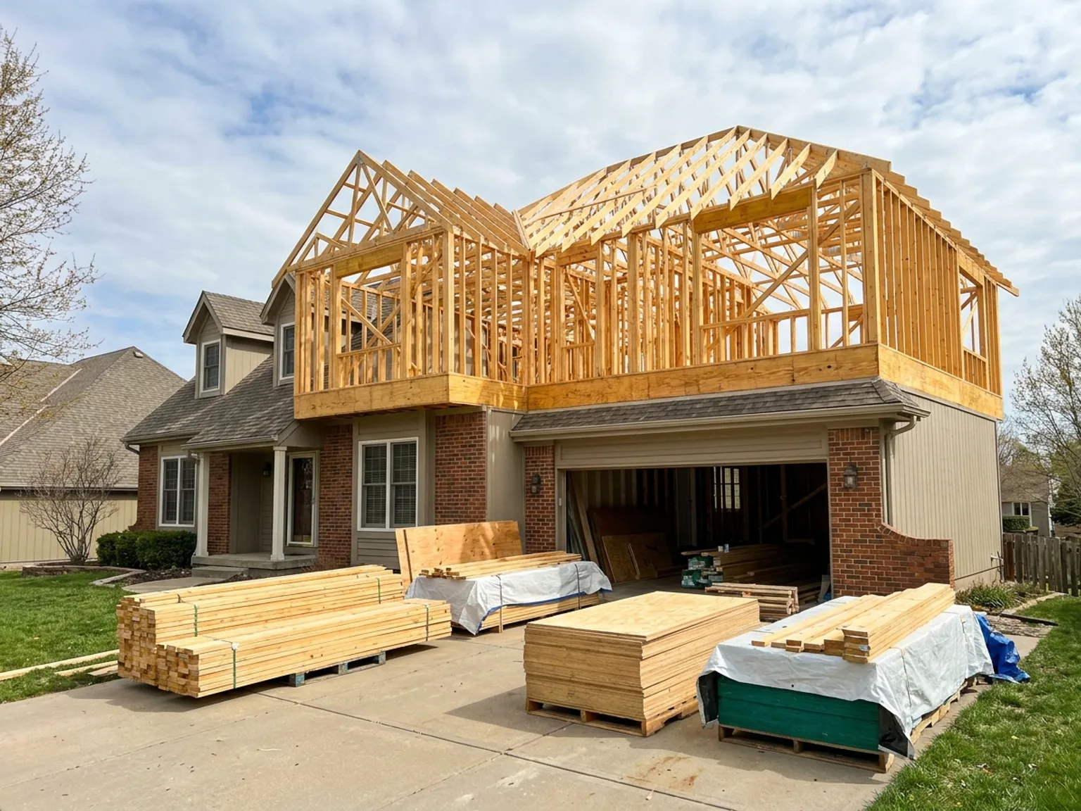 Second story addition under construction with fresh wall and roof framing on a Kansas City home