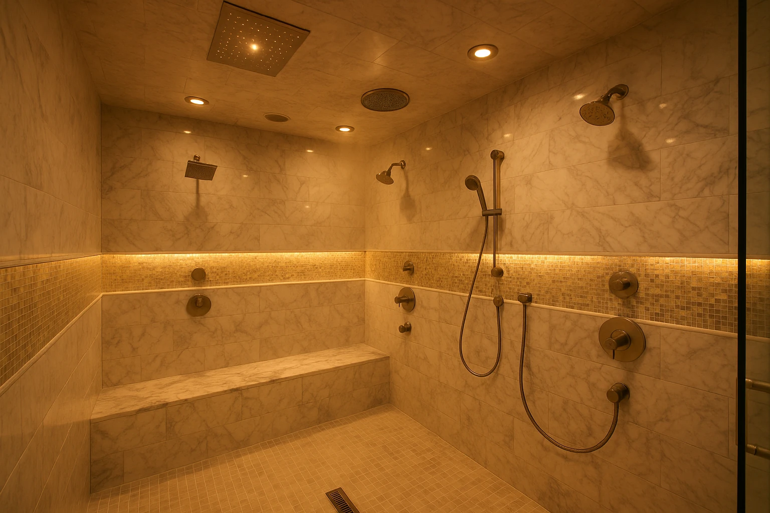 Luxury Shower Installation with Multiple Heads and Built-in Seating