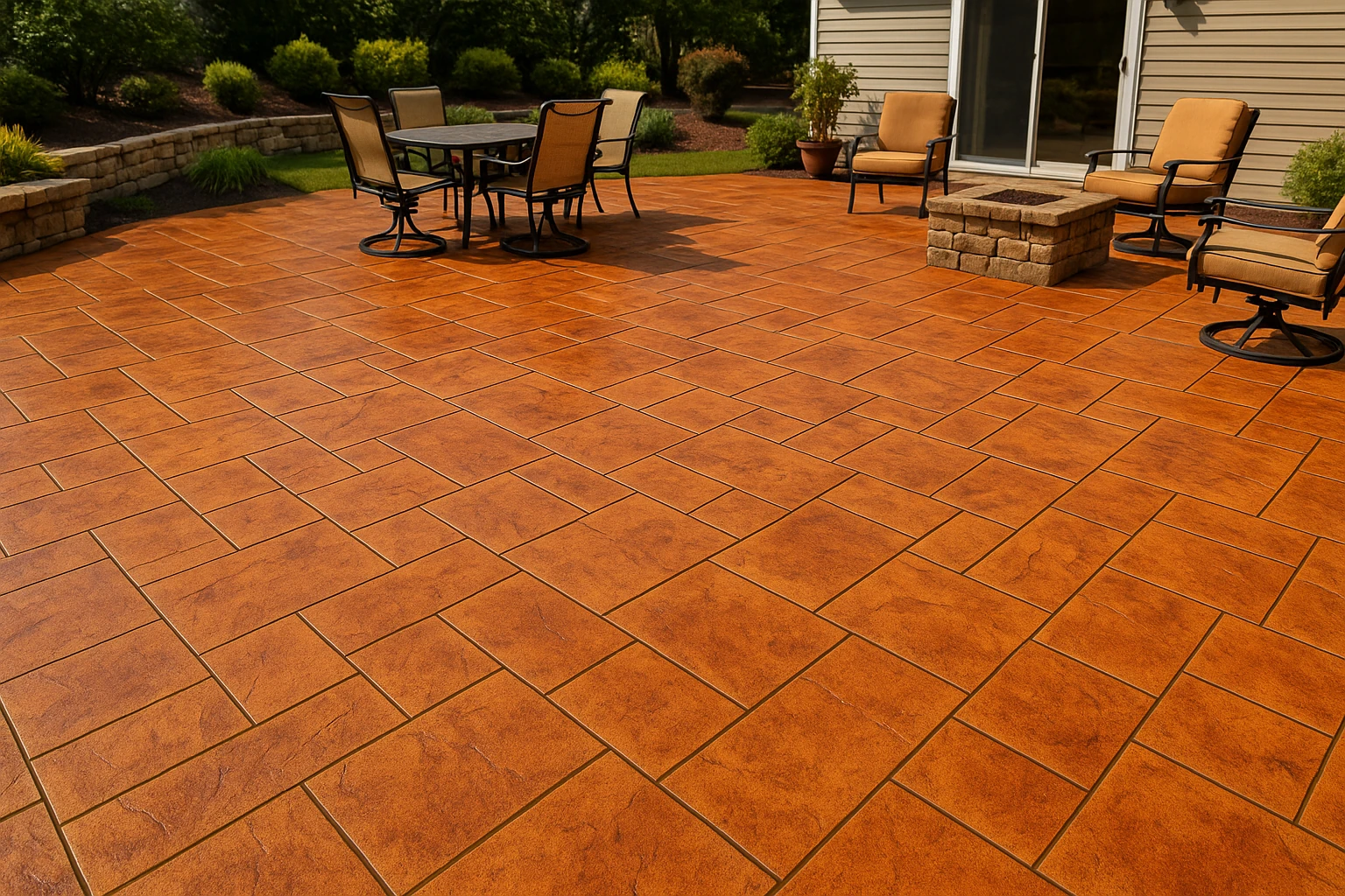 Stamped concrete with integral color and decorative pattern