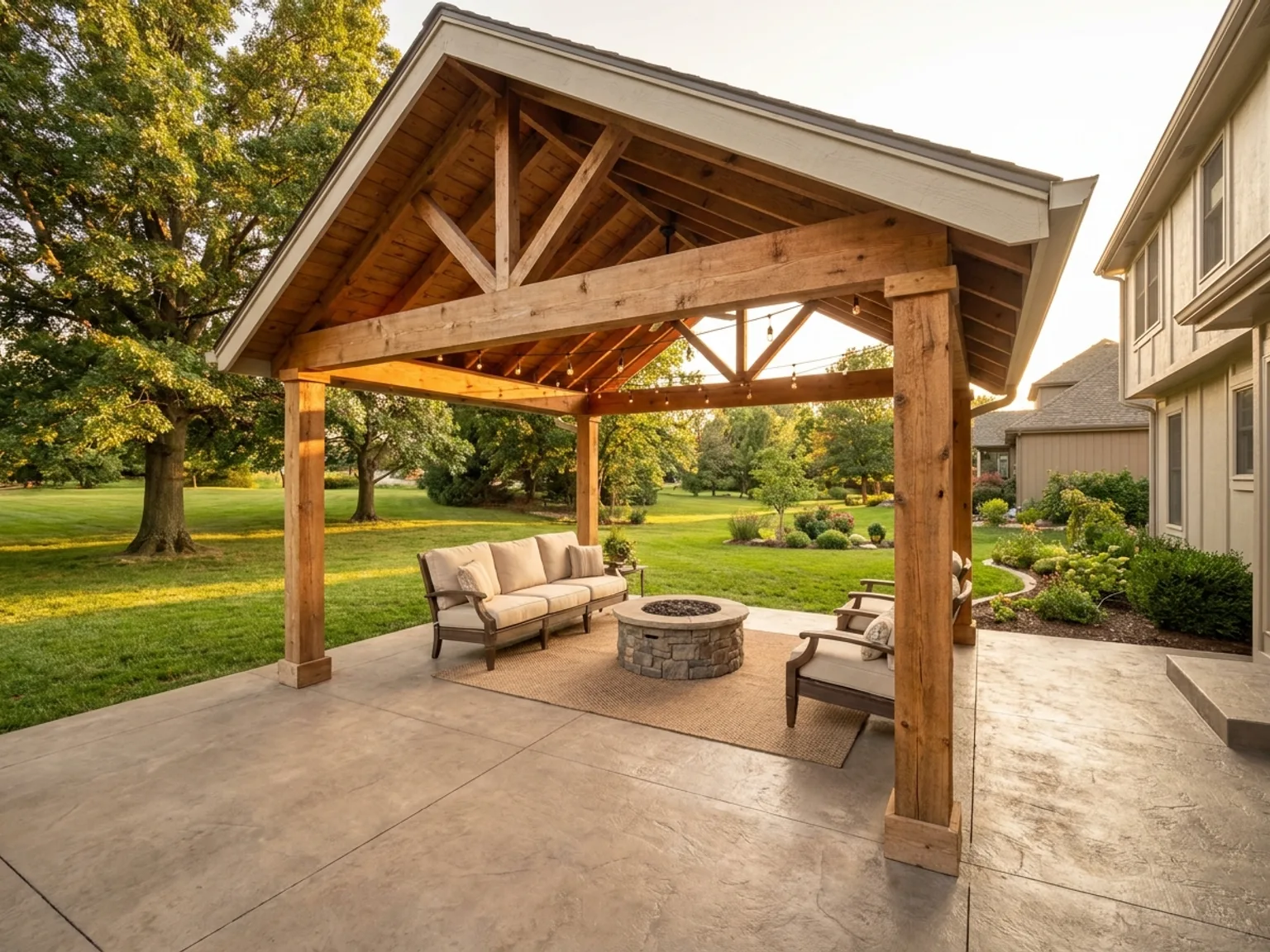 Covered concrete patio with an outdoor seating area behind a Kansas City home
