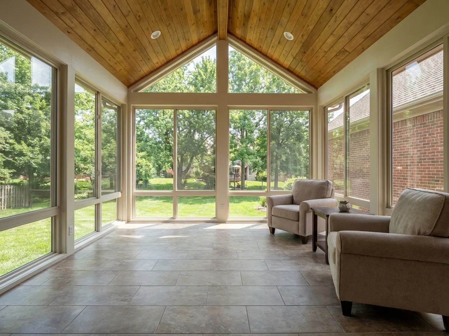 Bright four-season sunroom with floor-to-ceiling windows on a Kansas City home