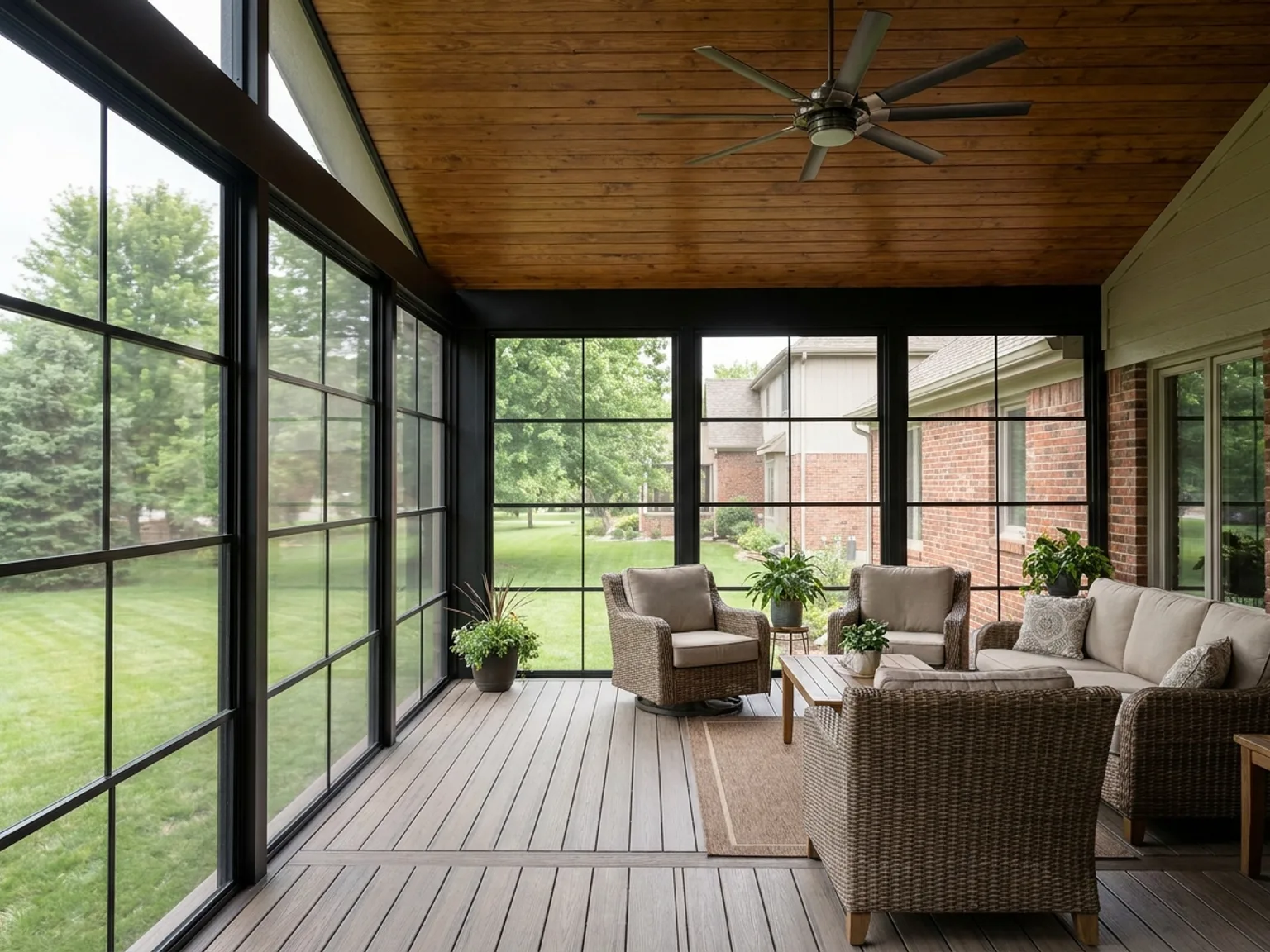 Screened-in porch with wood ceiling and wicker furniture on a Kansas City home