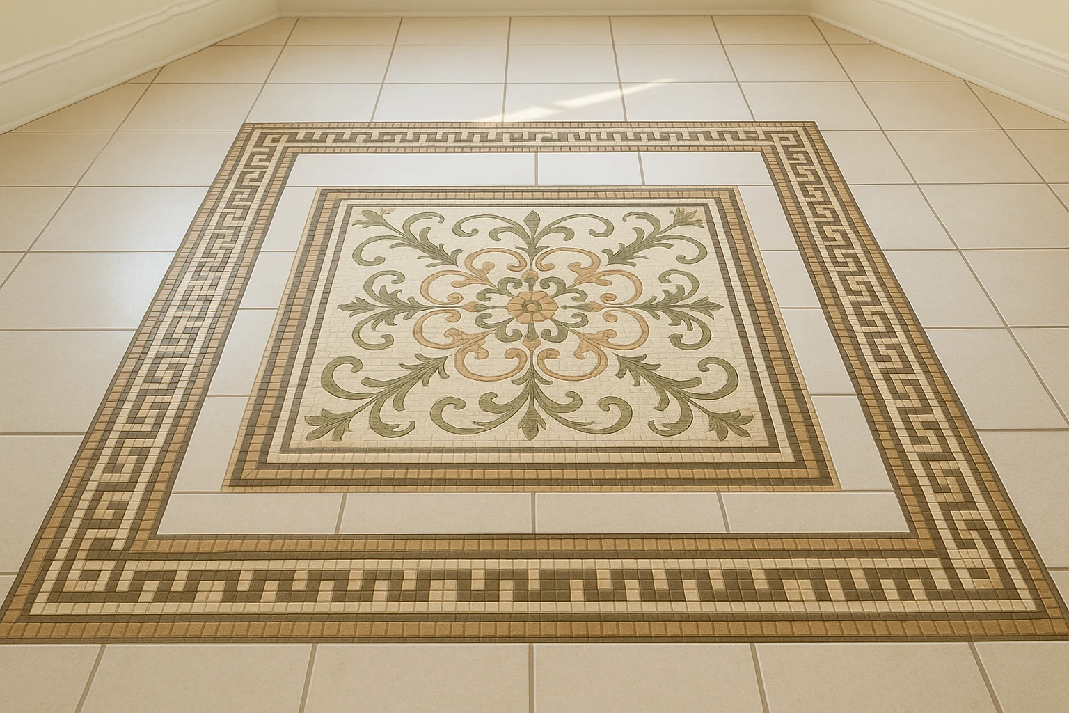 Tile Floor with Mosaic Border Accent and Custom Design