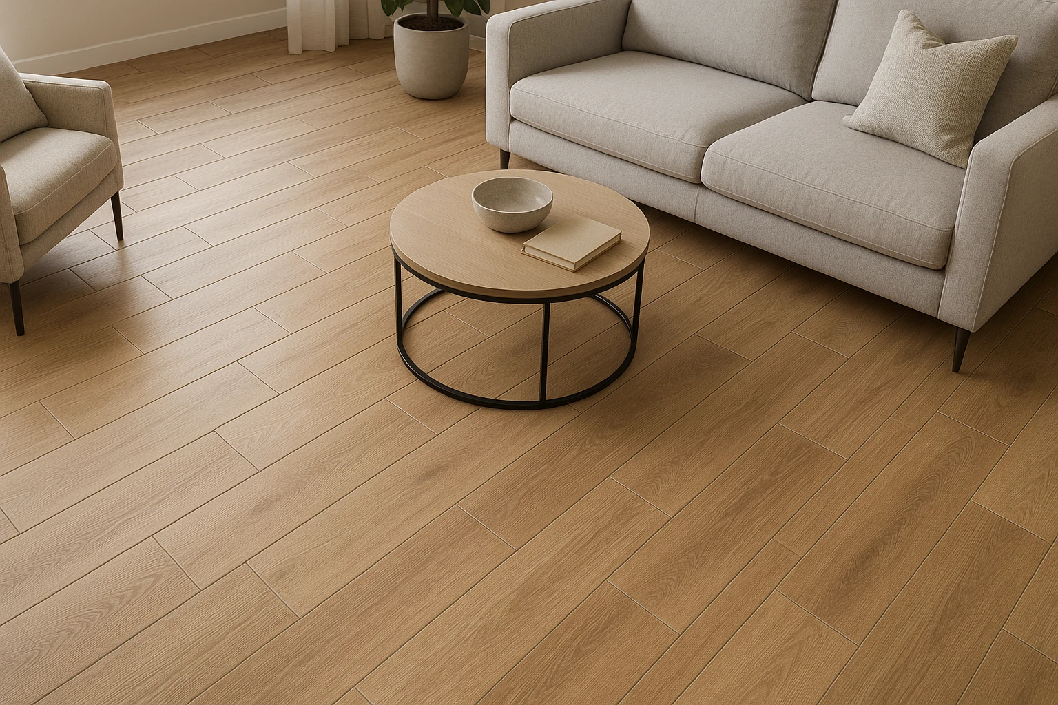 Premium porcelain tile floor with wood-look pattern and modern design