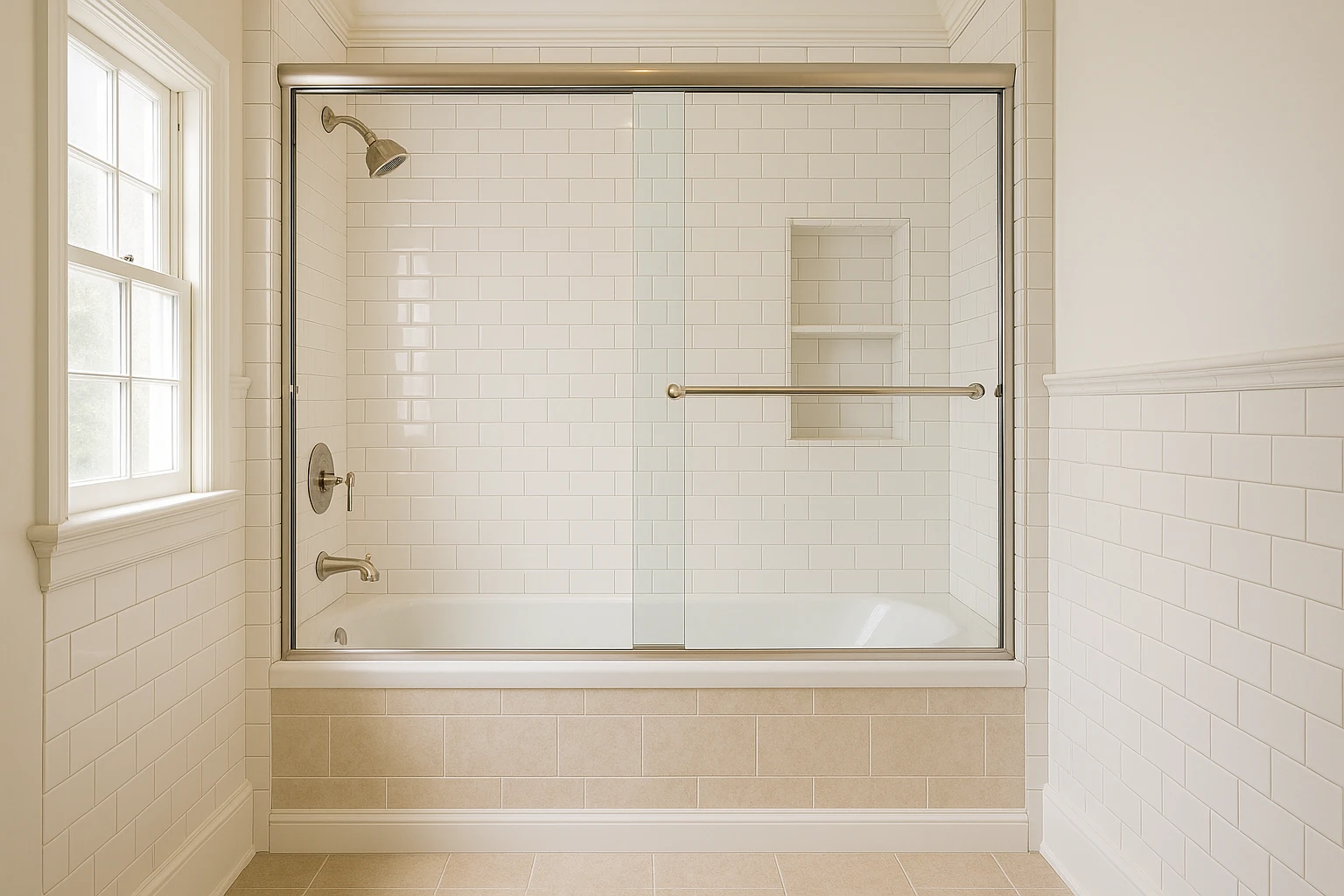 Alcove tub installation showing proper support and plumbing connections