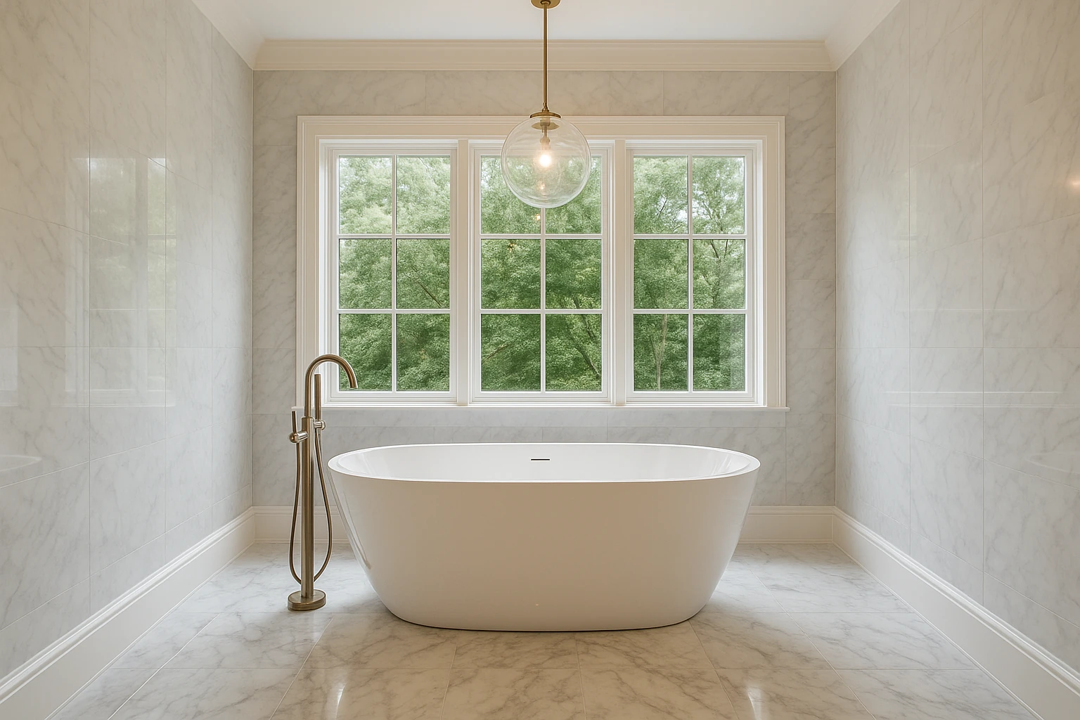 Freestanding luxury tub installation in spacious bathroom