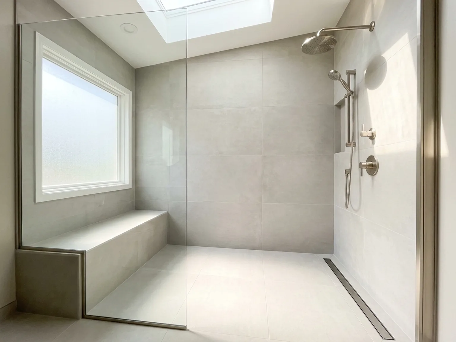 Spacious curbless walk-in shower with frameless glass in a remodeled Kansas City bathroom