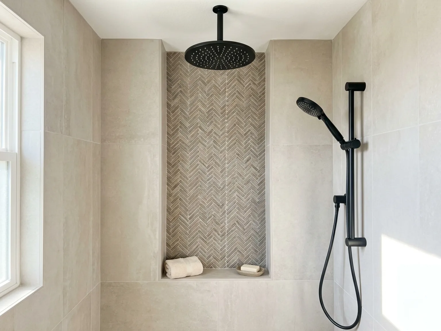 Detail of a tiled shower niche and rainfall fixture in a new Kansas City walk-in shower