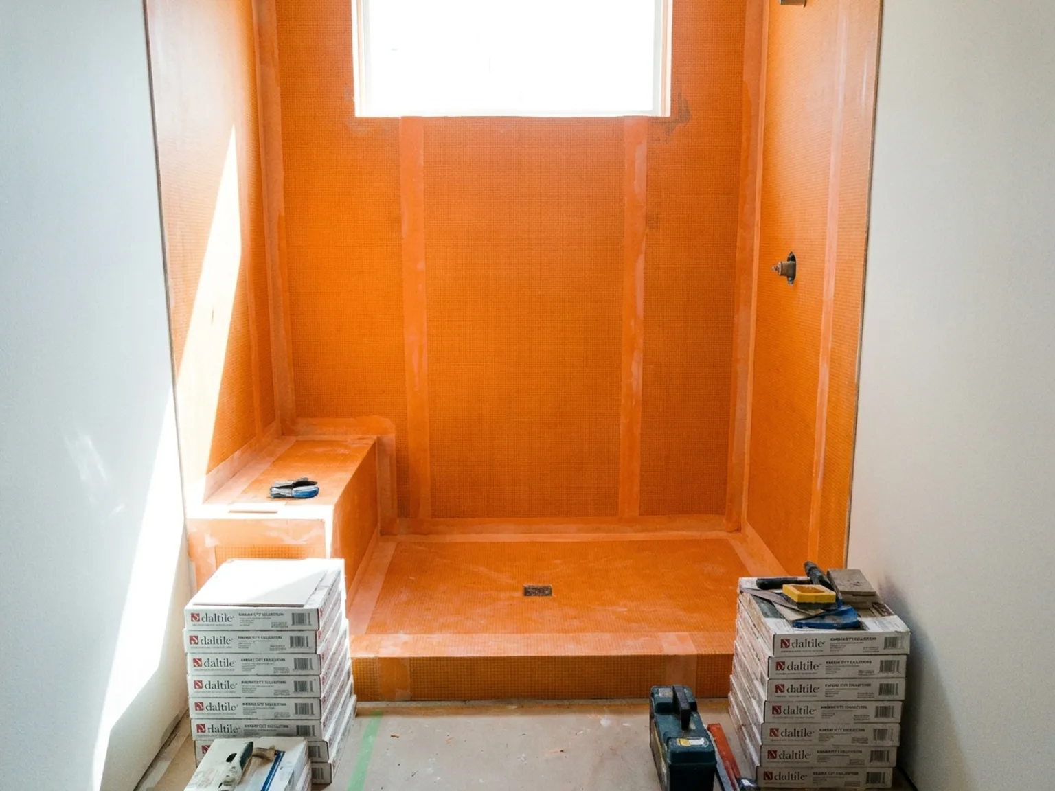 Walk-in shower under construction with orange waterproofing membrane in a Kansas City home