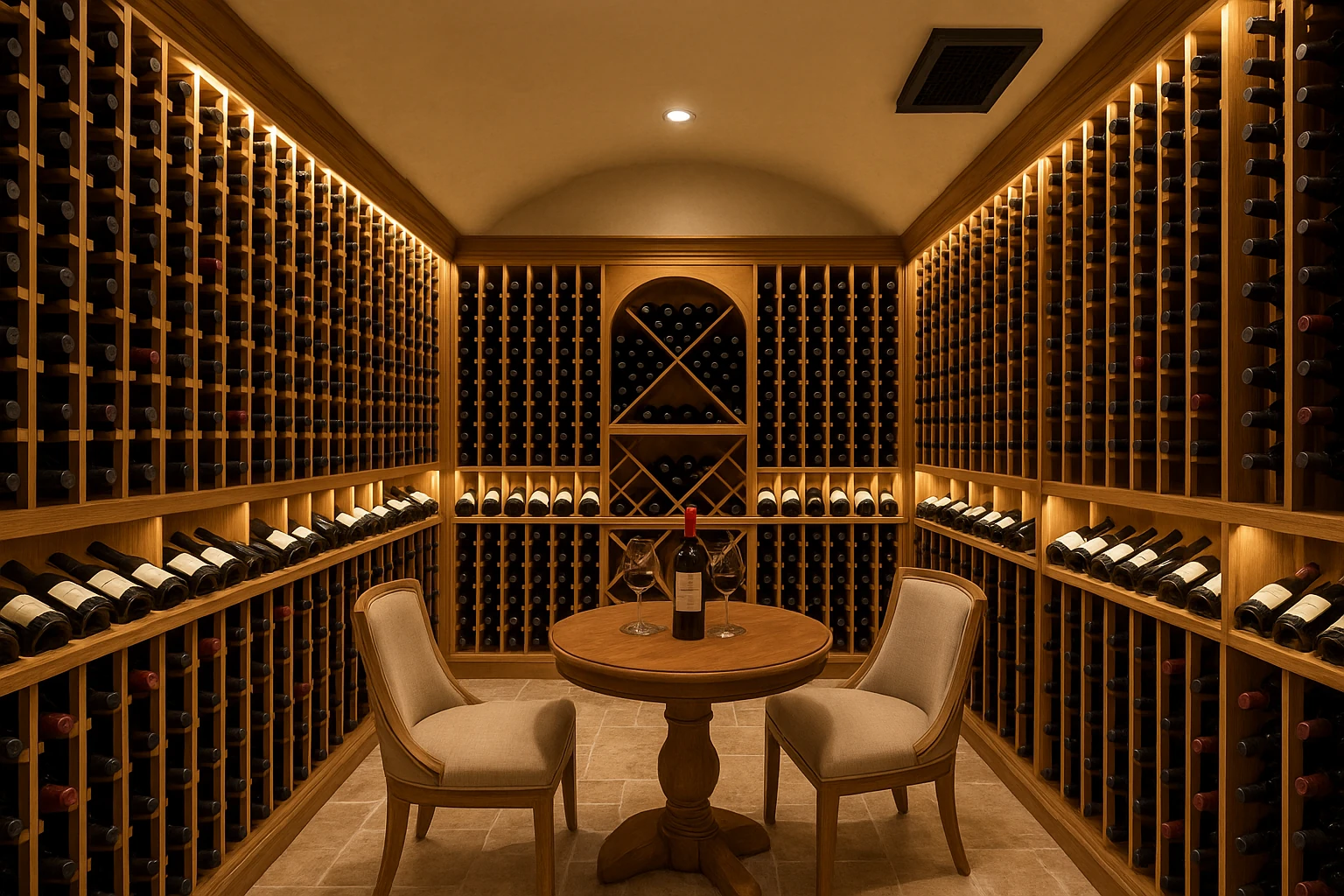 Traditional wine cellar with wooden racks and stone accents